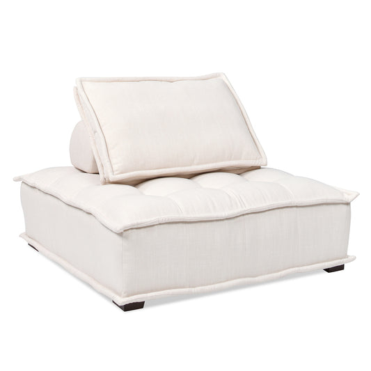 Cream linen tufted armchair with removable bolster cushion for a modern living space