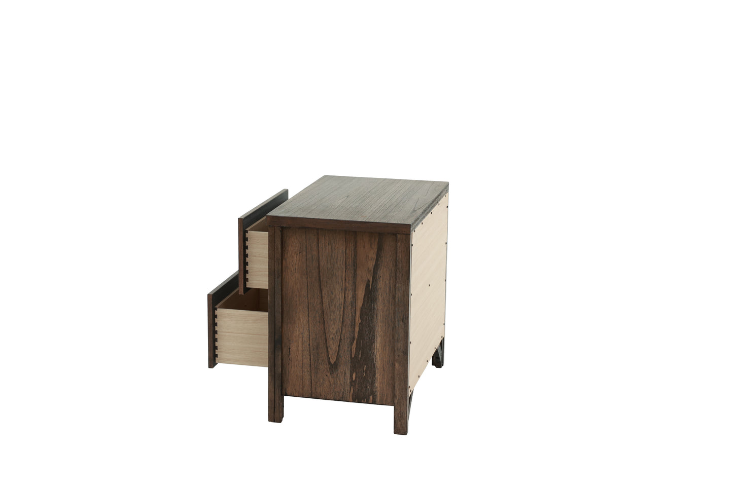 Dark brown wood twodrawer nightstand with visible dovetail drawer construction