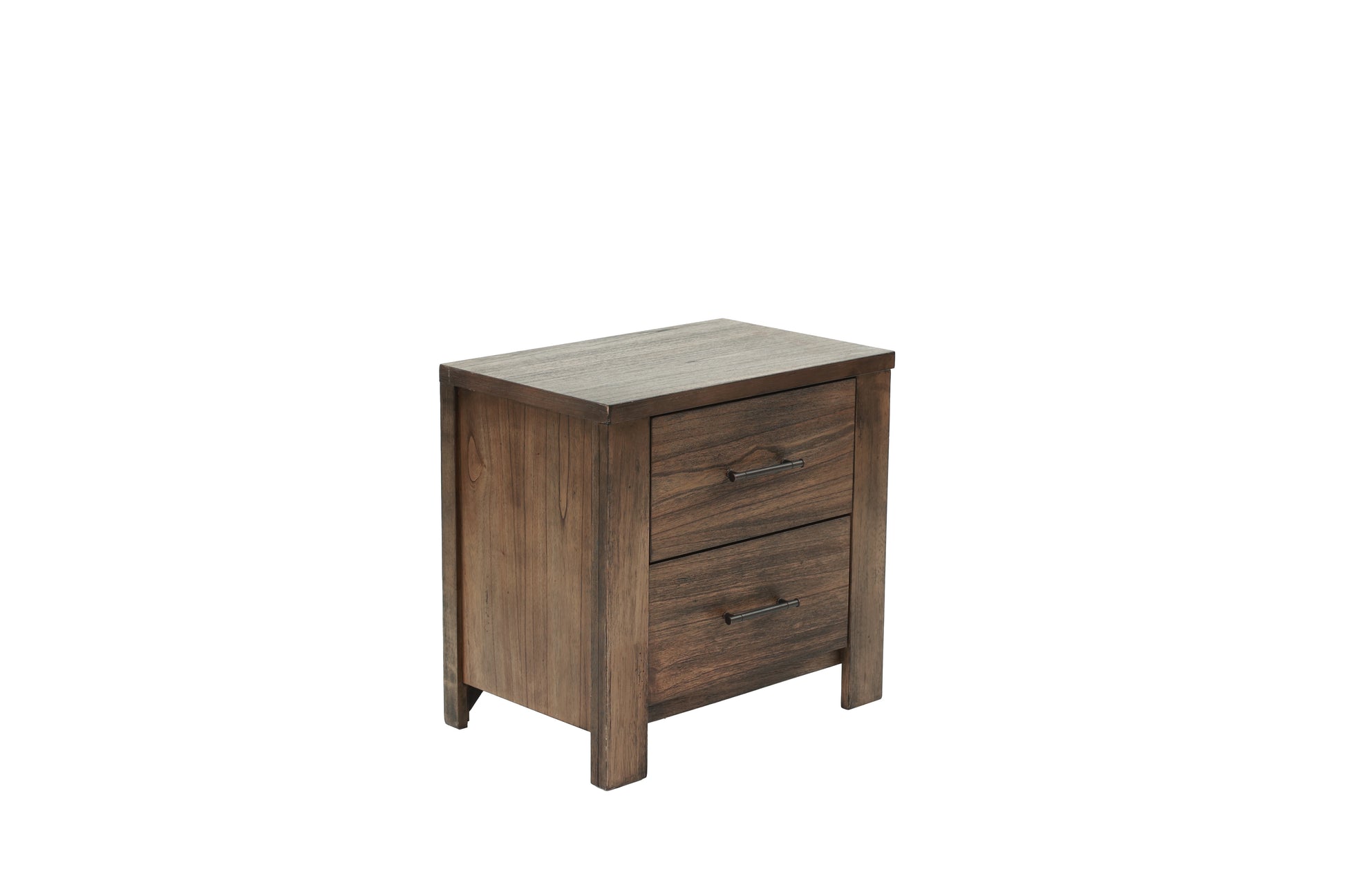 Rustic brown wood nightstand with two drawers and dark metal handles