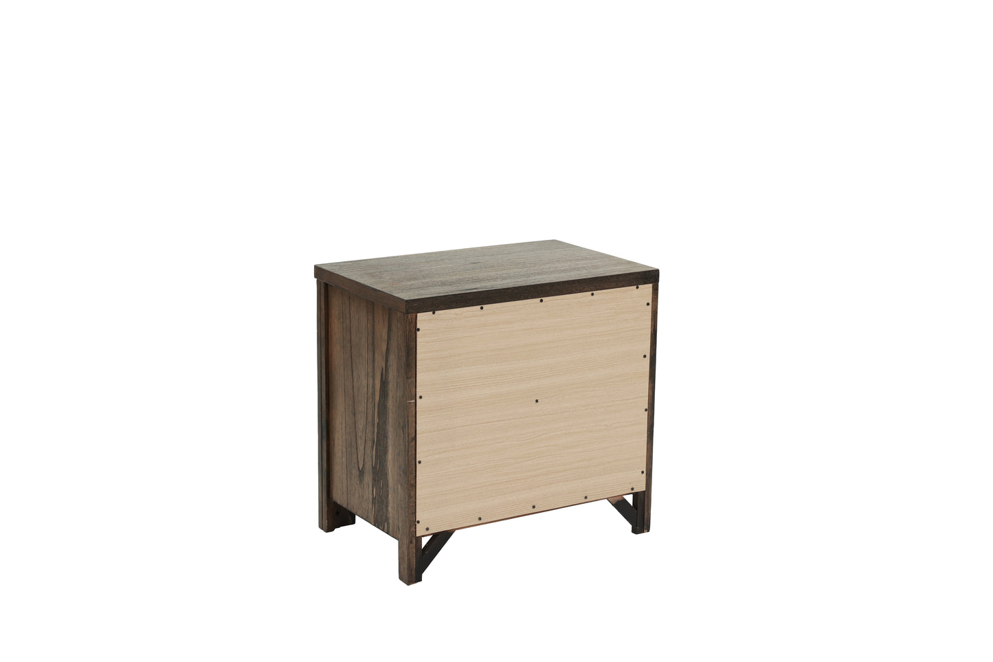 Rustic wood nightstand with dark wood top and lighter wood backing