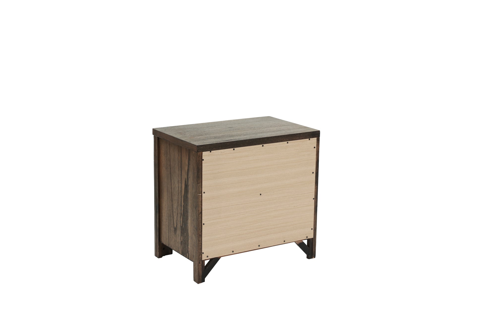Rustic wood nightstand with dark wood top and lighter wood backing