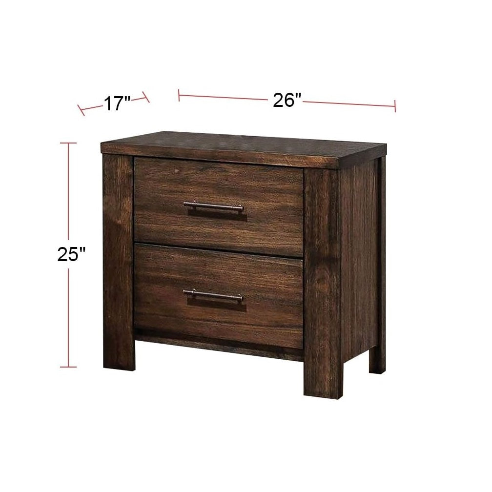 Rustic brown wood nightstand with two drawers and metal pulls