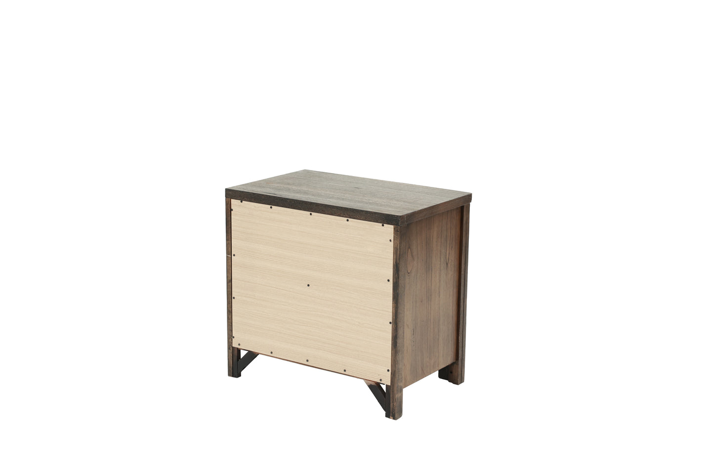 Dark wood nightstand with exposed back panel and angled legs