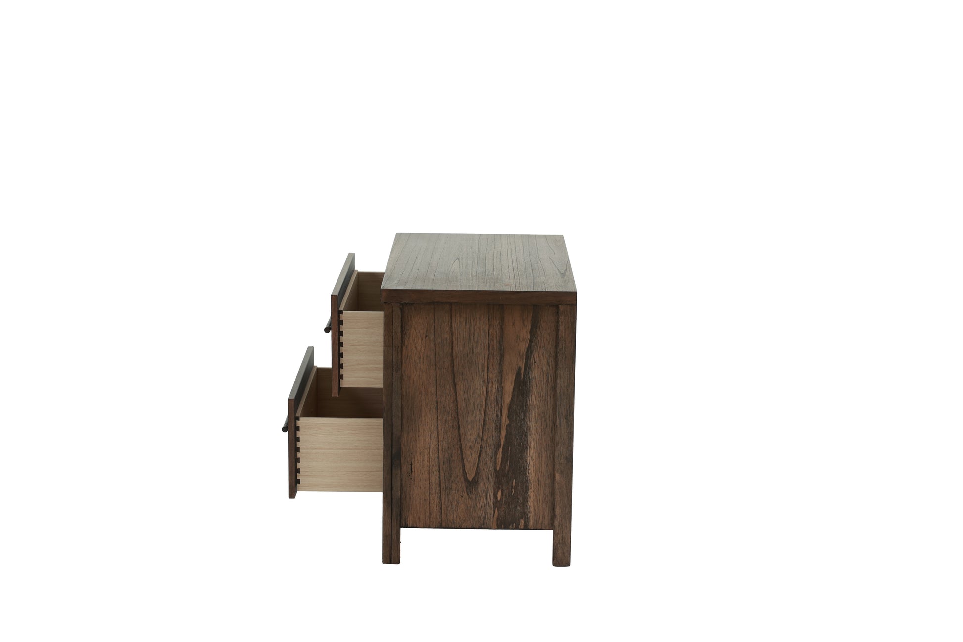 Dark wood dresser with two open drawers showcasing natural wood interior