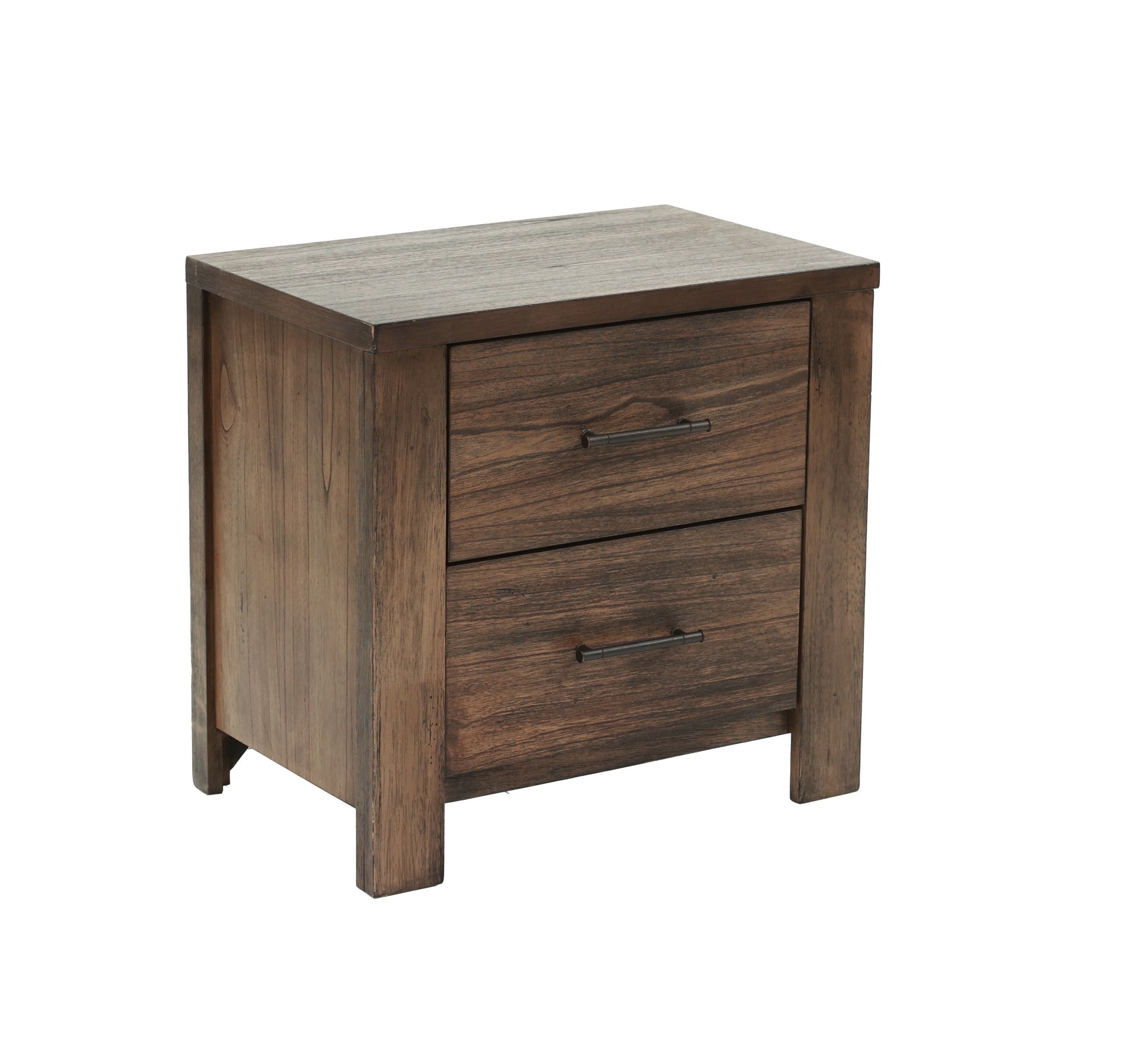 Rustic wood nightstand with two drawers and dark metal handles
