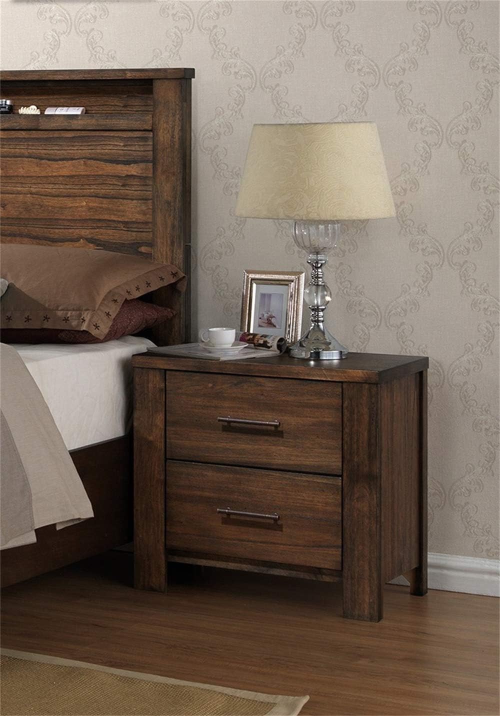 Dark wood nightstand with two drawers and bronze pulls