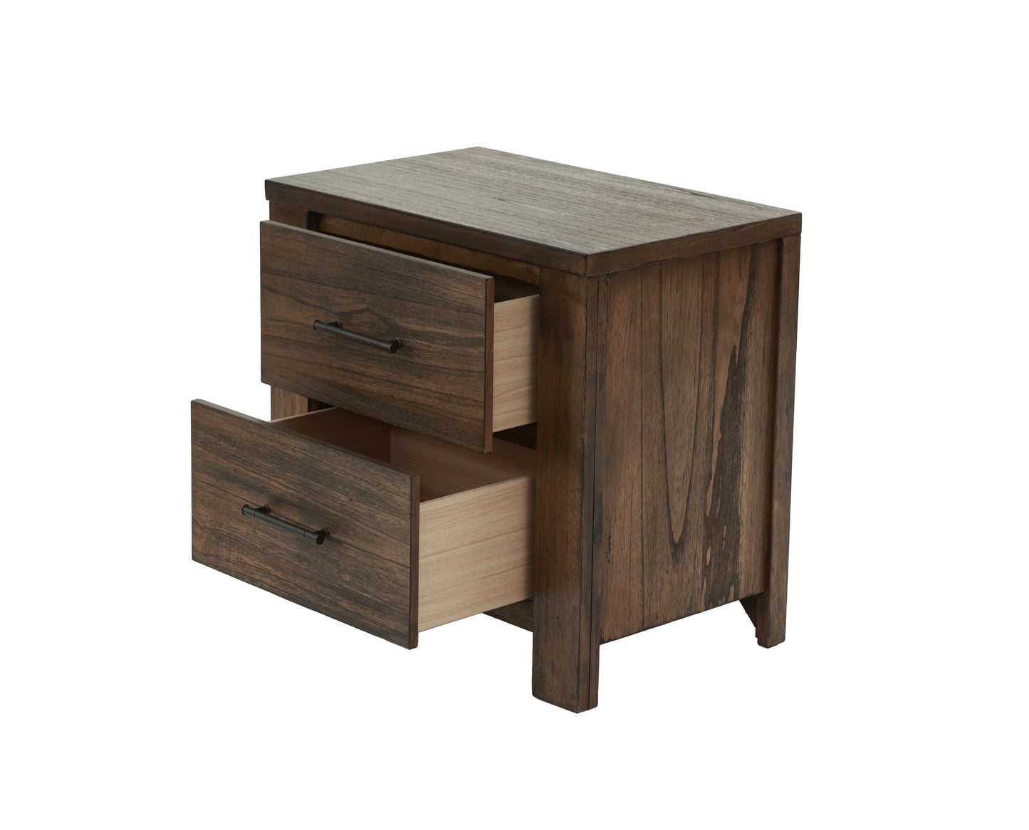Dark wood twodrawer nightstand with black metal pulls