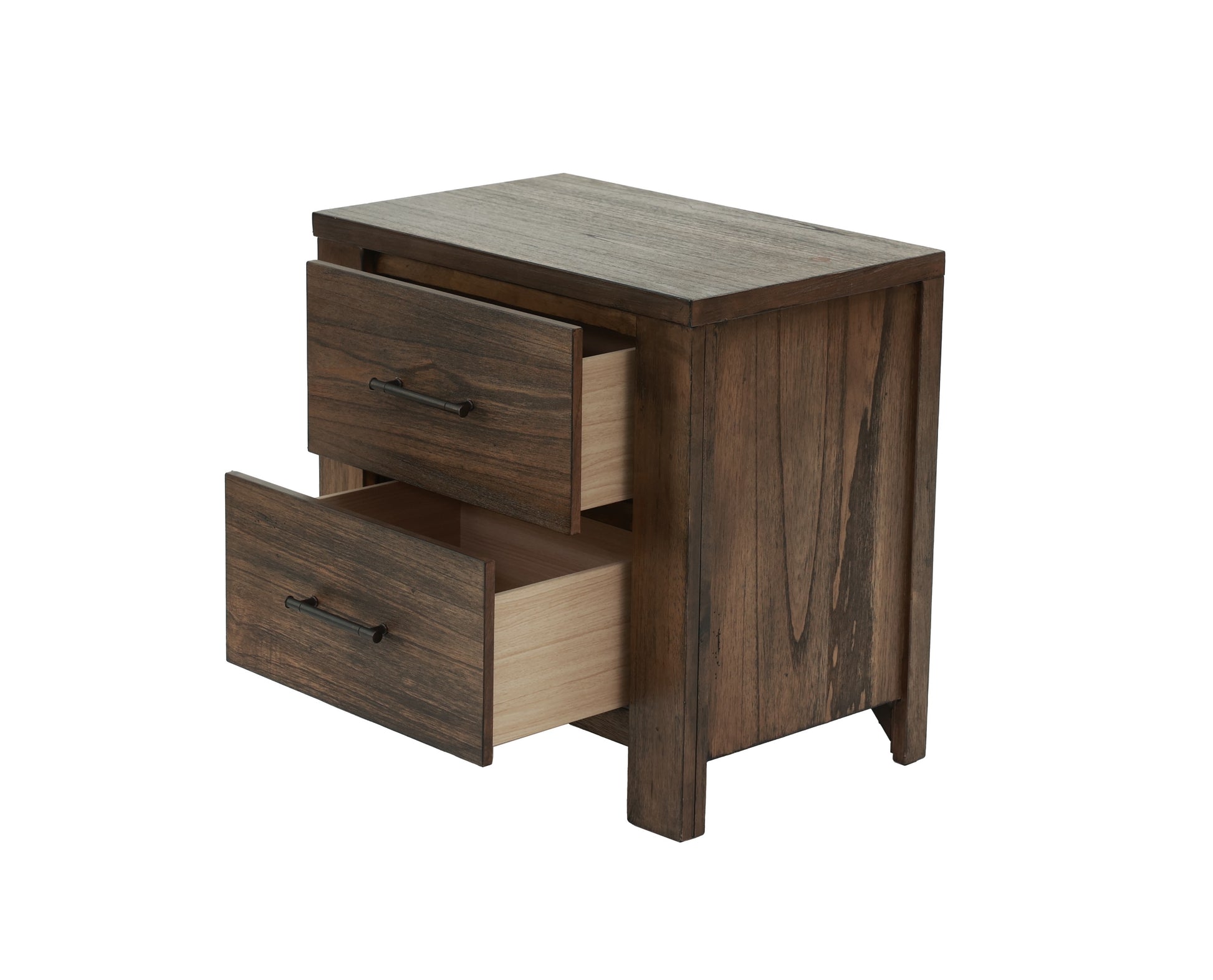 Dark wood twodrawer nightstand with black metal pulls
