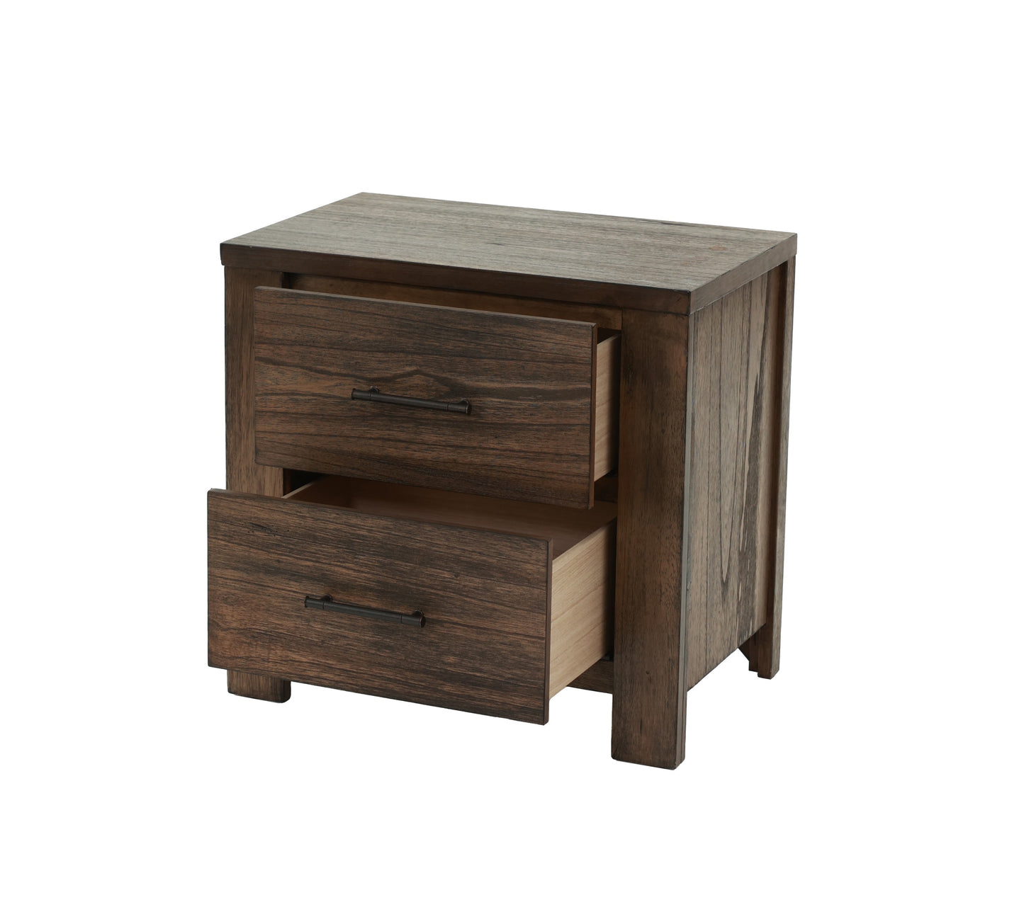 Rustic dark wood bedside table with two drawers and black metal pulls