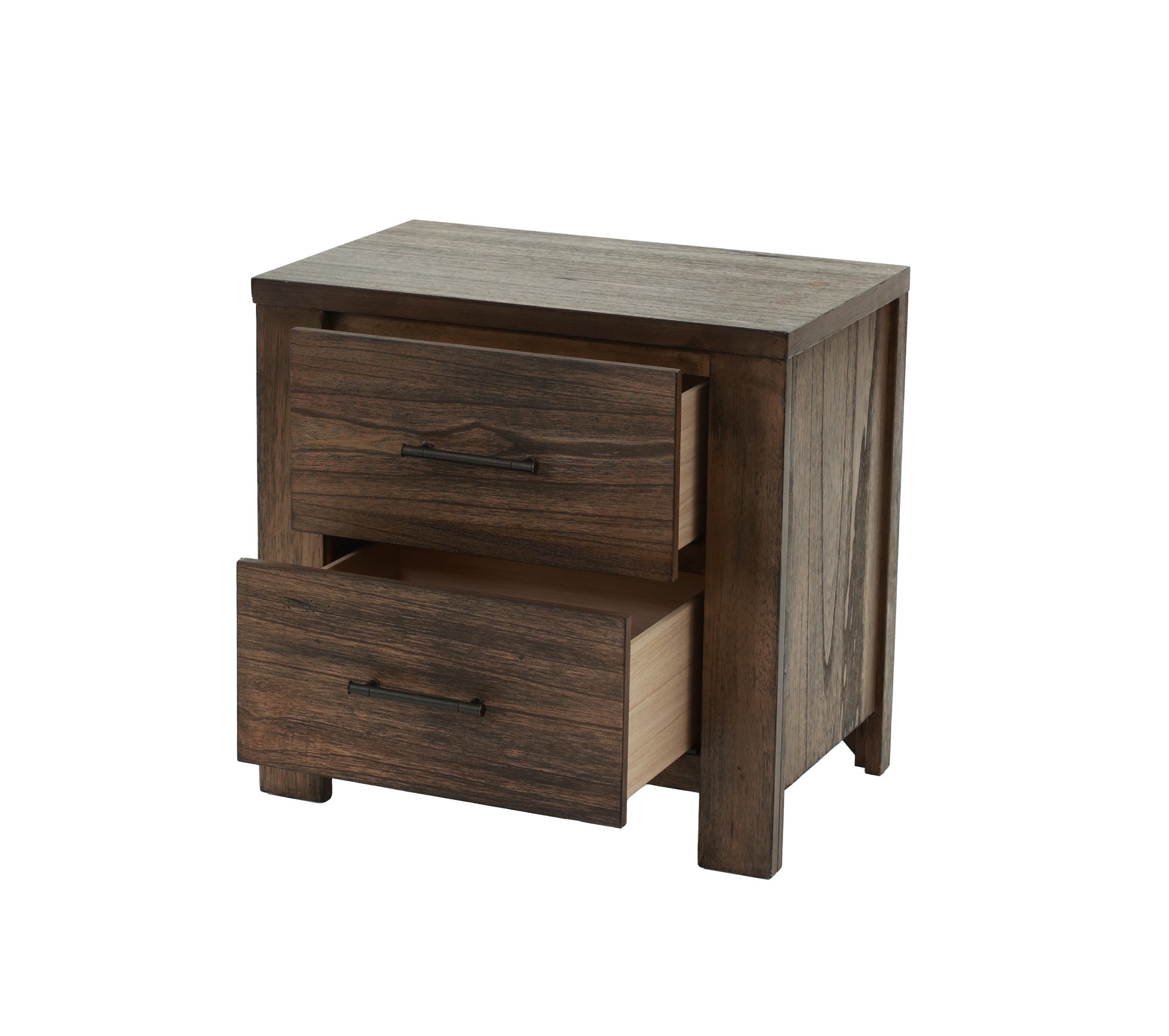 Rustic dark wood bedside table with two drawers and black metal pulls