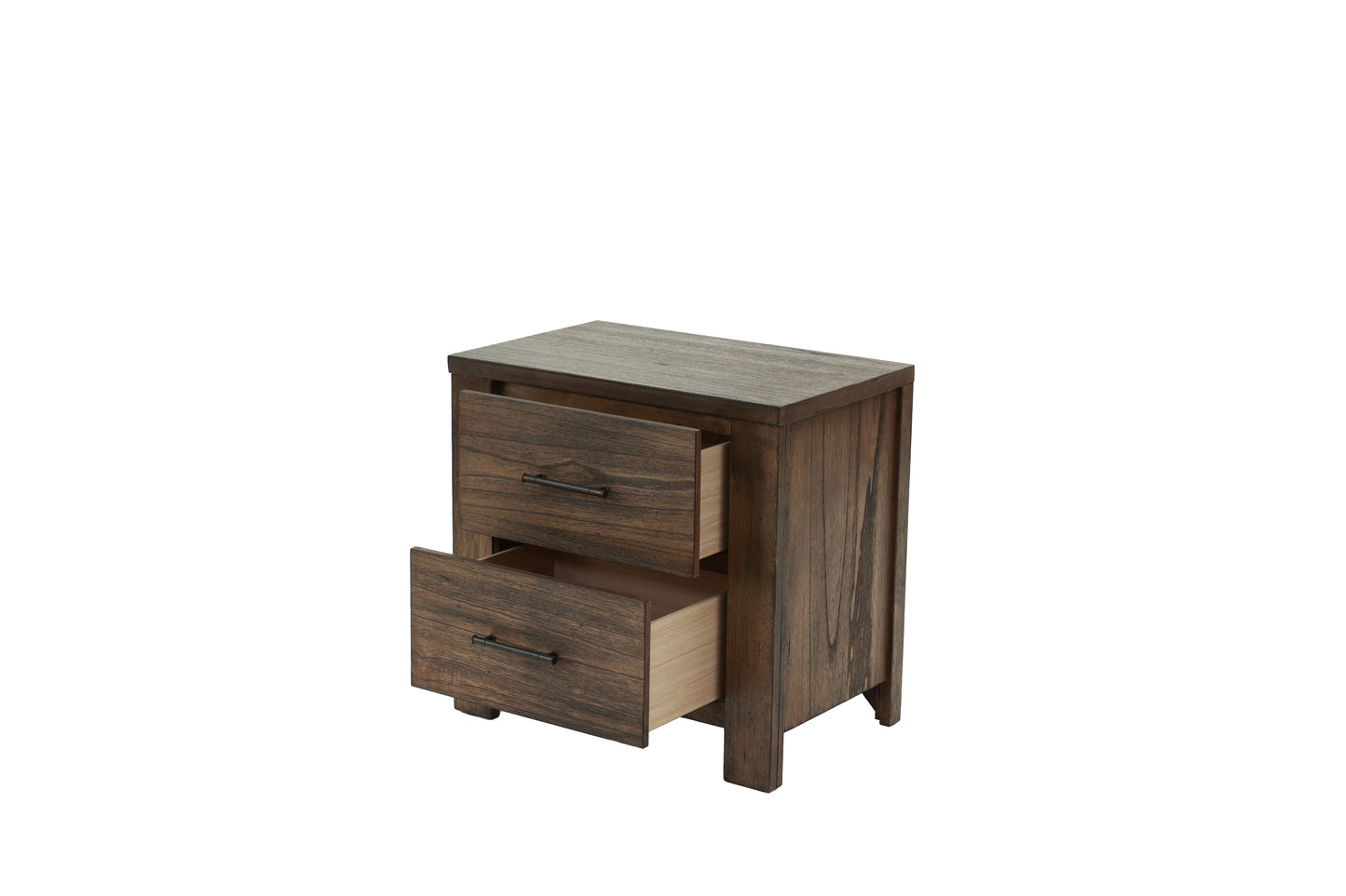 Rustic brown wood nightstand with two open drawers and dark metal hardware