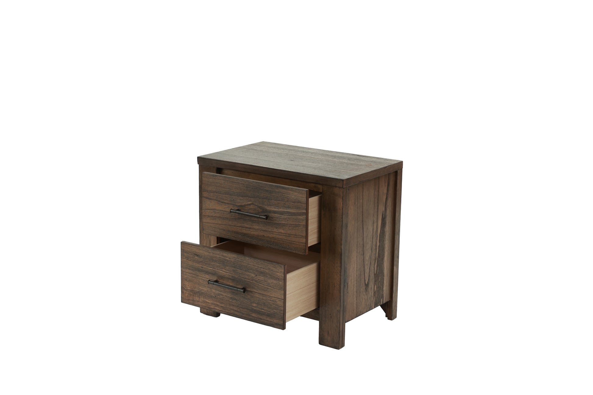 Rustic brown wood nightstand with two open drawers and dark metal hardware