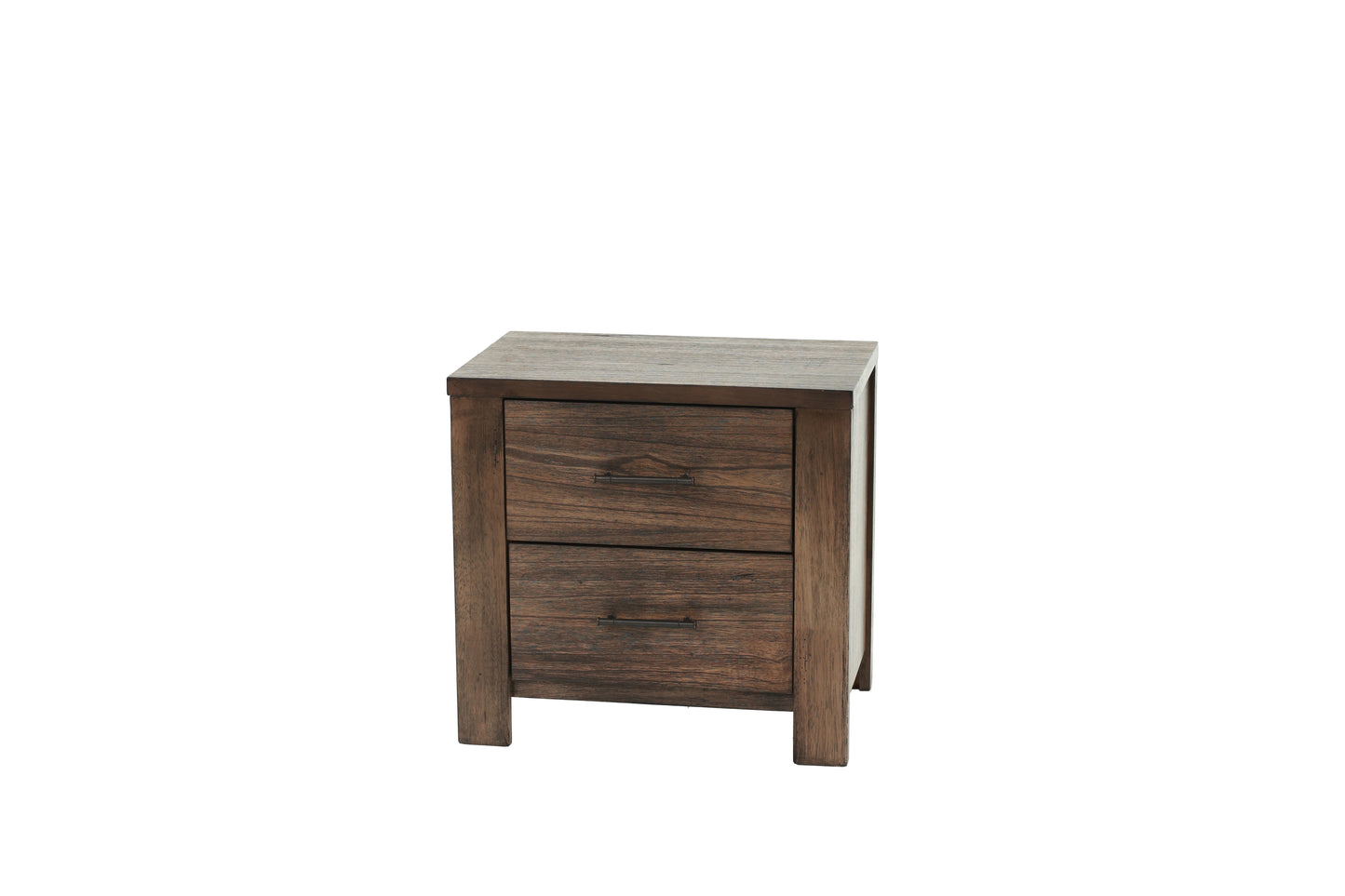 Rustic brown wood twodrawer nightstand with dark metal hardware
