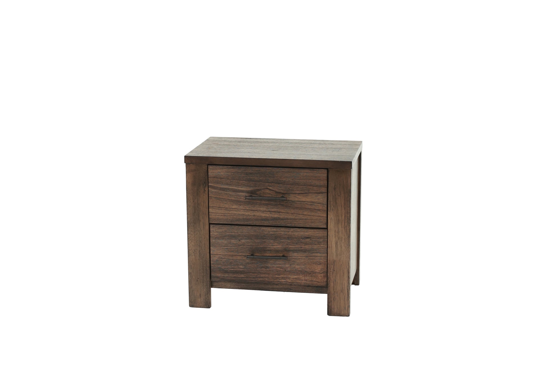 Rustic brown wood twodrawer nightstand with dark metal hardware