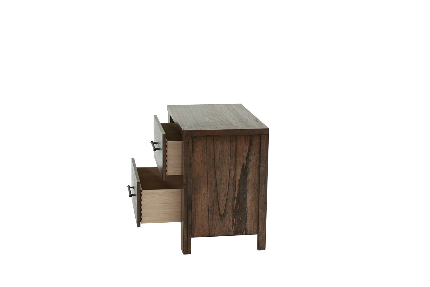 Dark brown wood dresser with two open drawers and black pulls