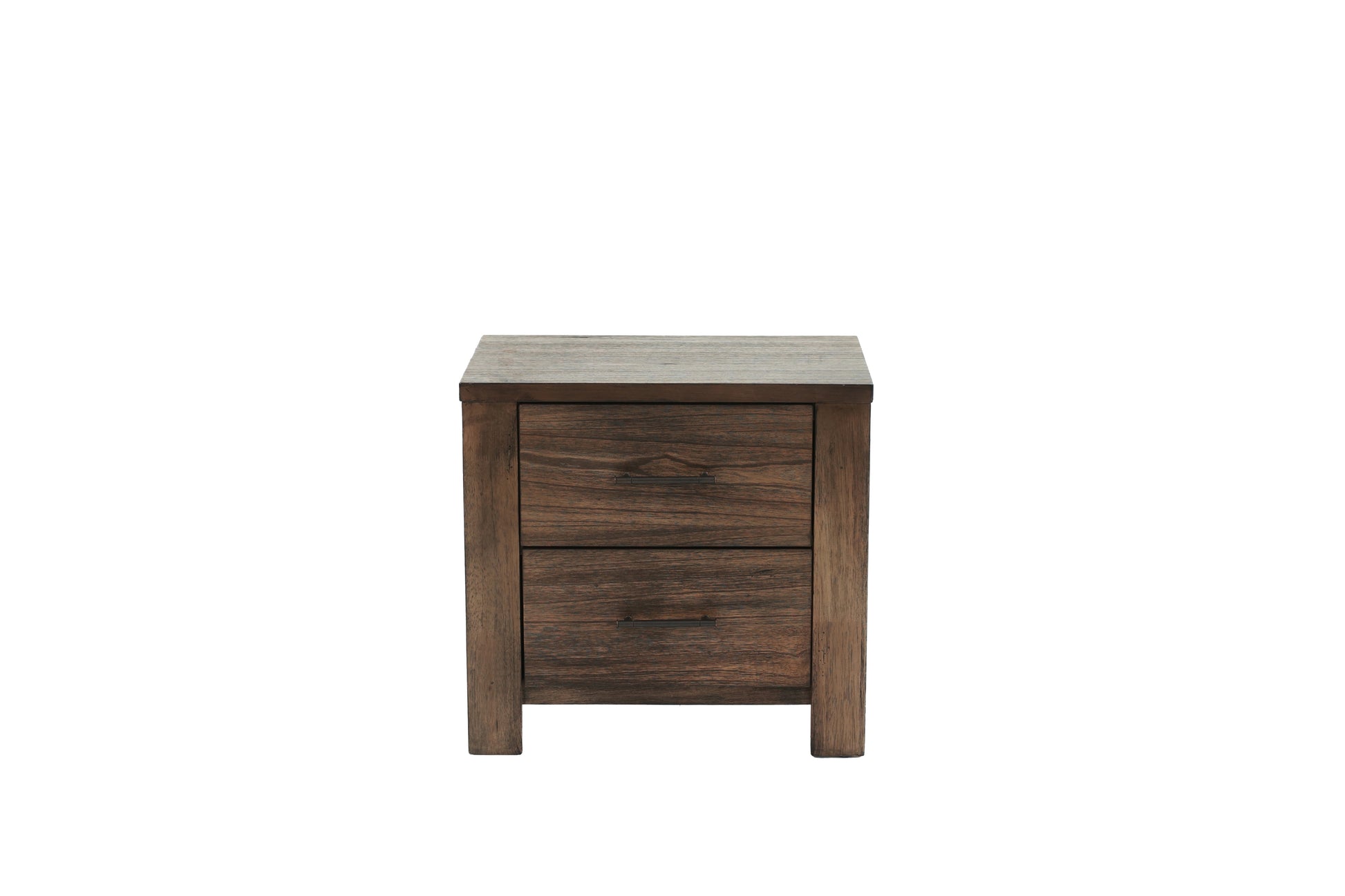 Rustic dark wood nightstand with two drawers and metal pulls