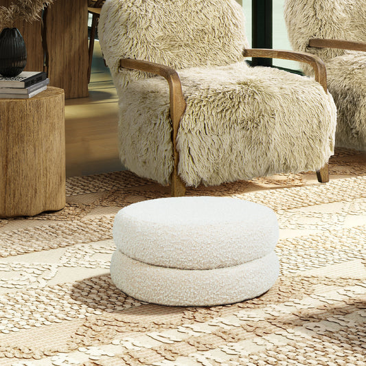 Cream boucle round ottoman stacked for extra comfort and style