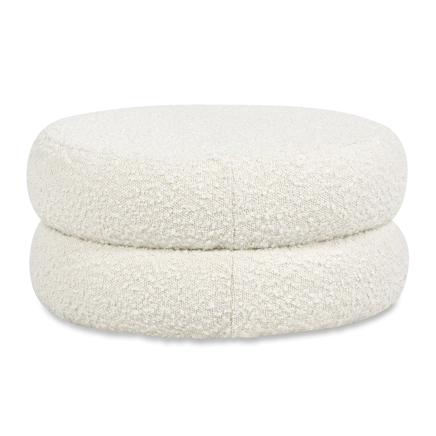 Plush ivory boucle ottoman with a rounded stacked design ideal for modern living rooms