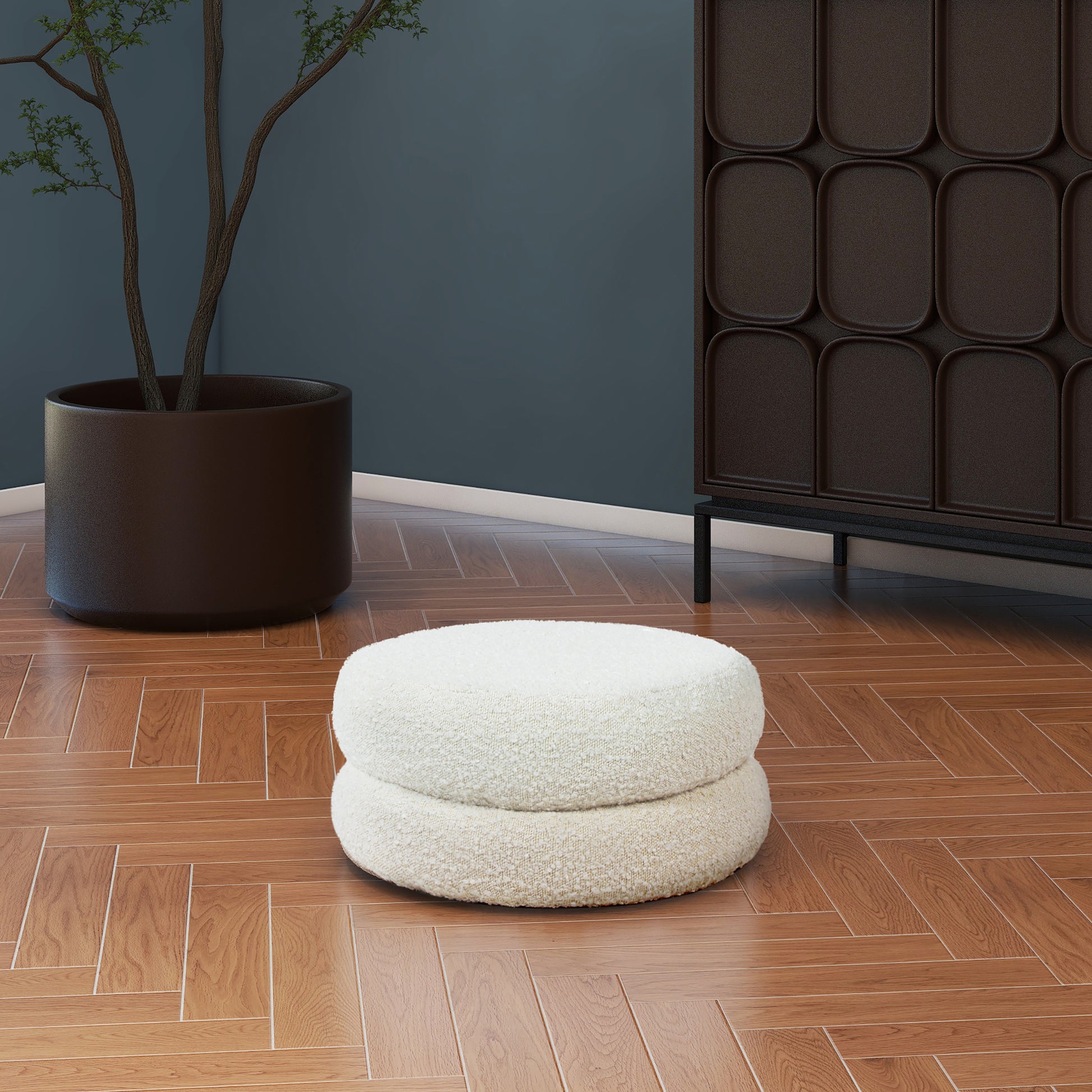 Plush ivory round ottoman textured fabric modern accent furniture