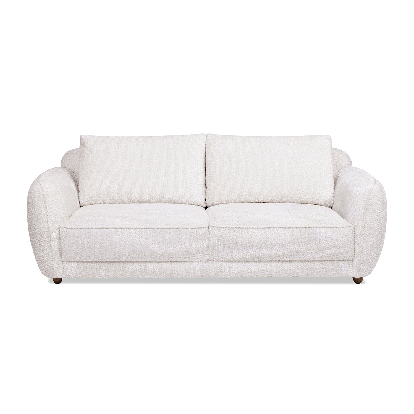Plush white boucle sofa with rounded arms and two seat cushions perfect for a modern living room
