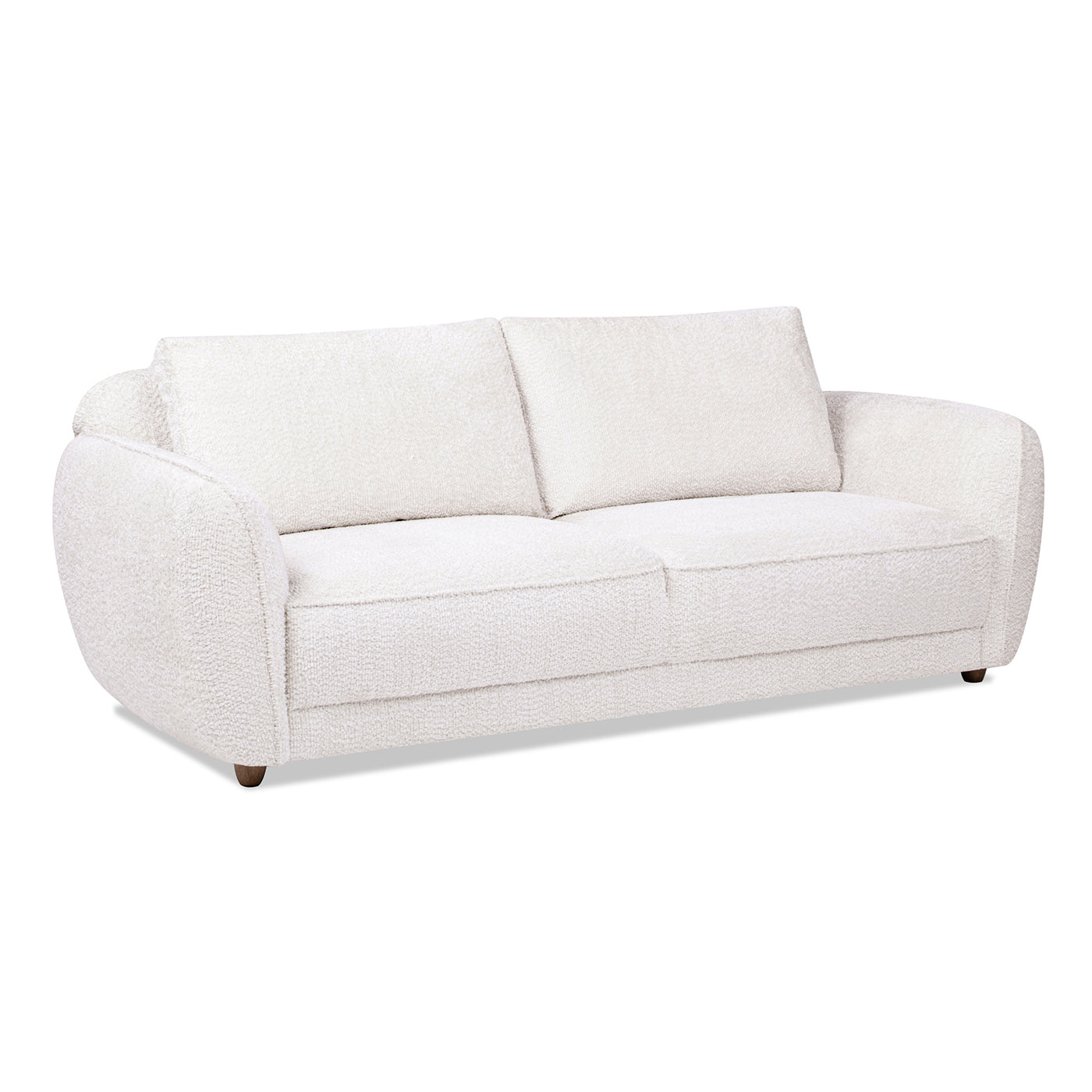 Cream boucle fabric sofa with curved arms and two seat cushions