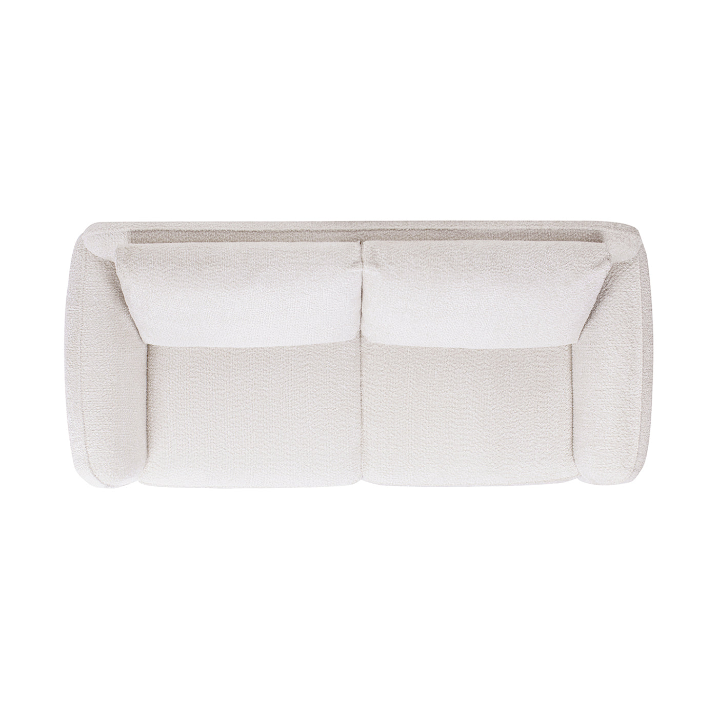Top view of a plush cream boucle fabric twoseater sofa with wide arms