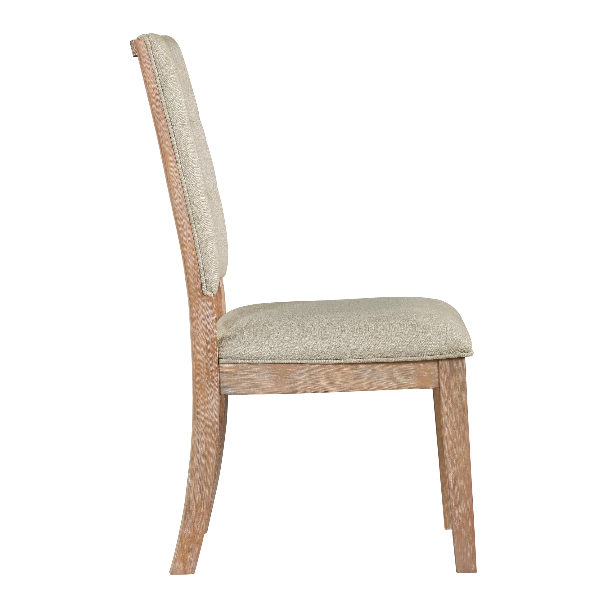 Side view of a beige upholstered dining chair with light wood legs