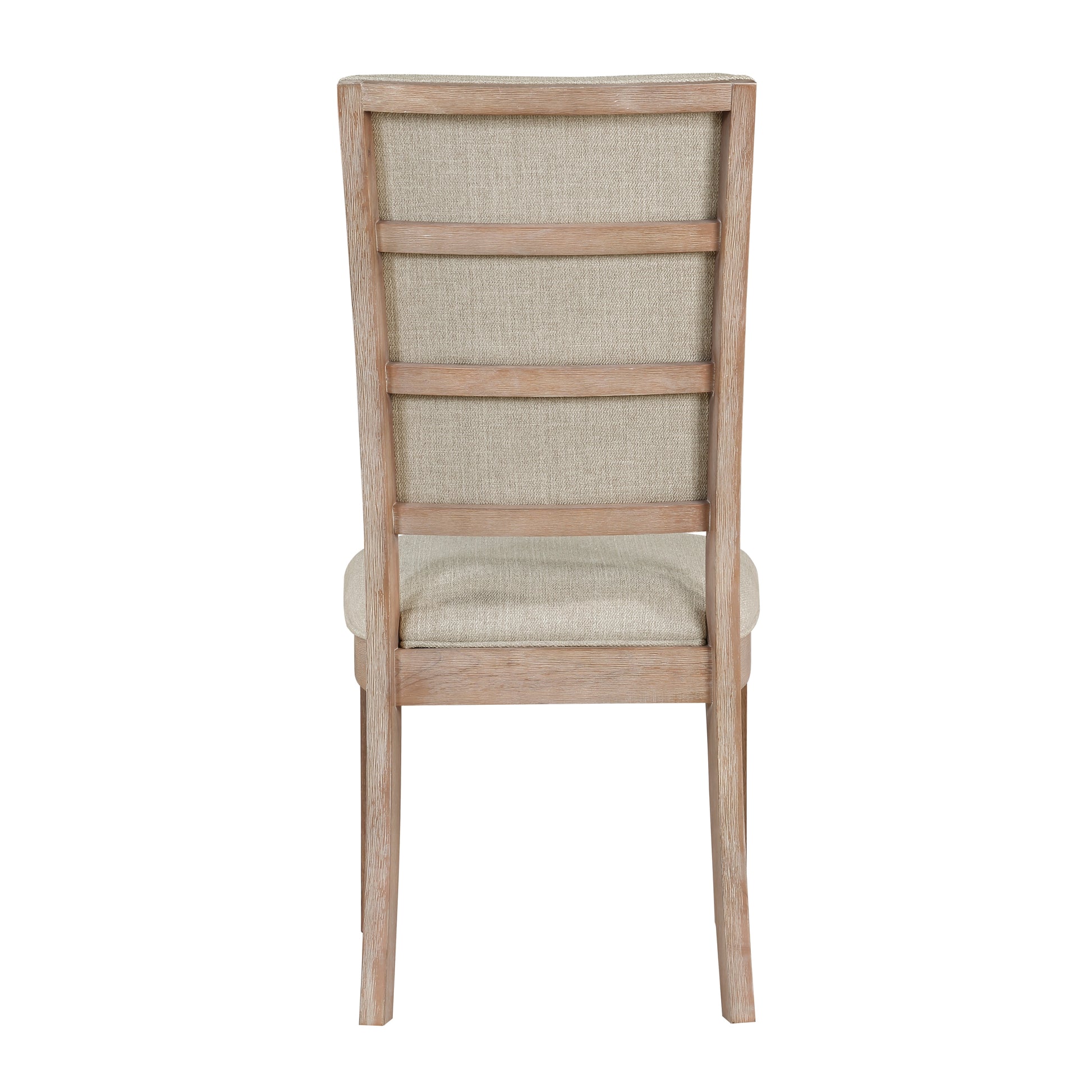 Back view of a light wood dining chair with a natural linen upholstered seat and backrest