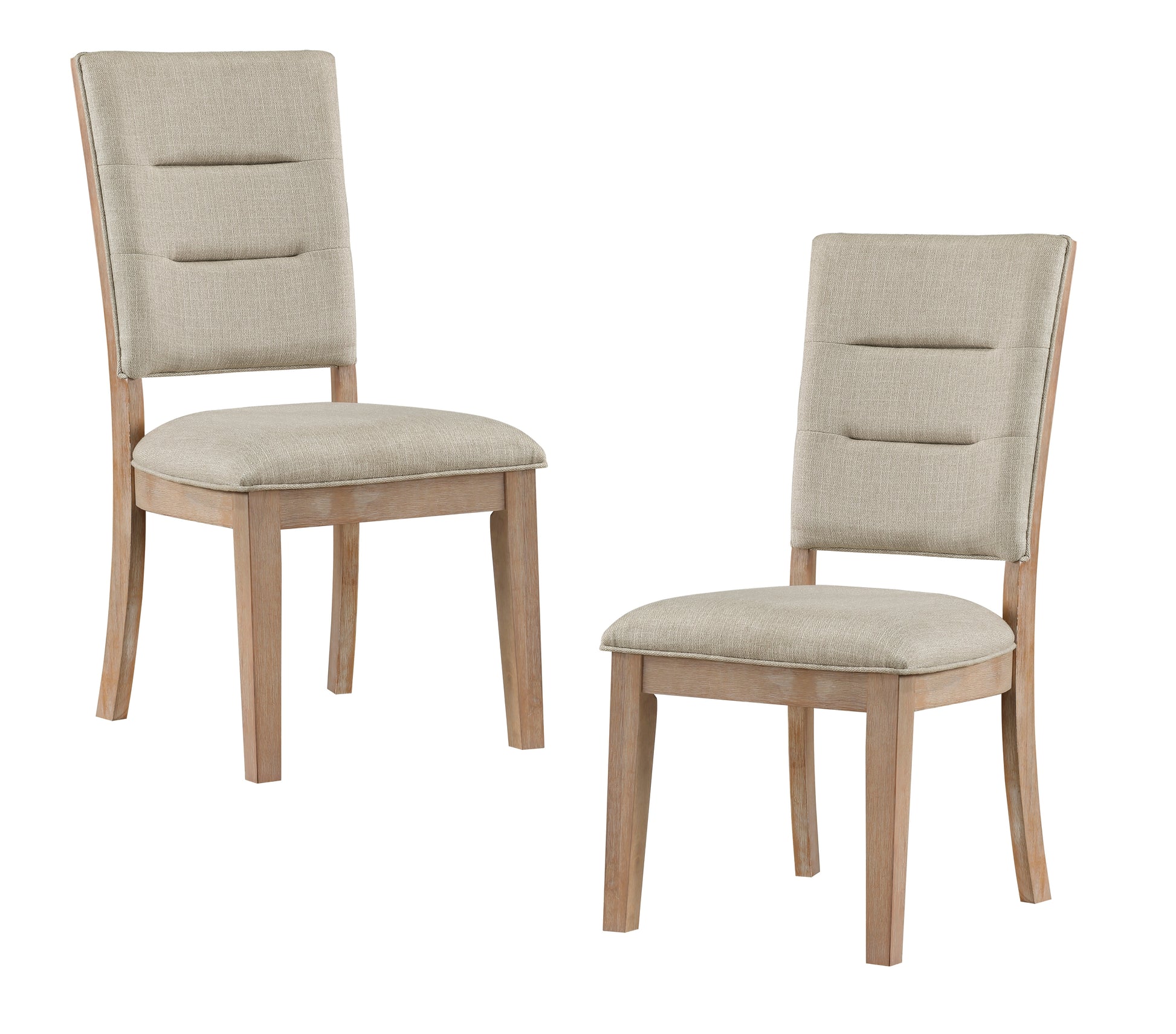 Two neutral fabric dining chairs with light wood frames and channel tufting on the backs