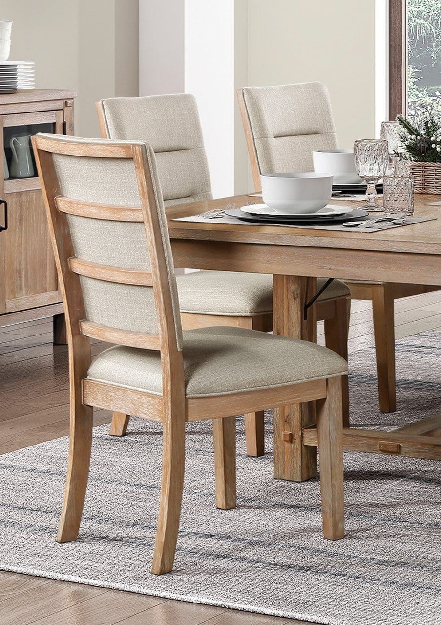 Light wood dining chair with textured beige upholstery and horizontal back slats