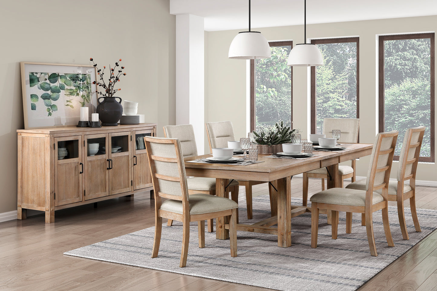 Rustic oak dining table set with upholstered chairs and accent cabinet