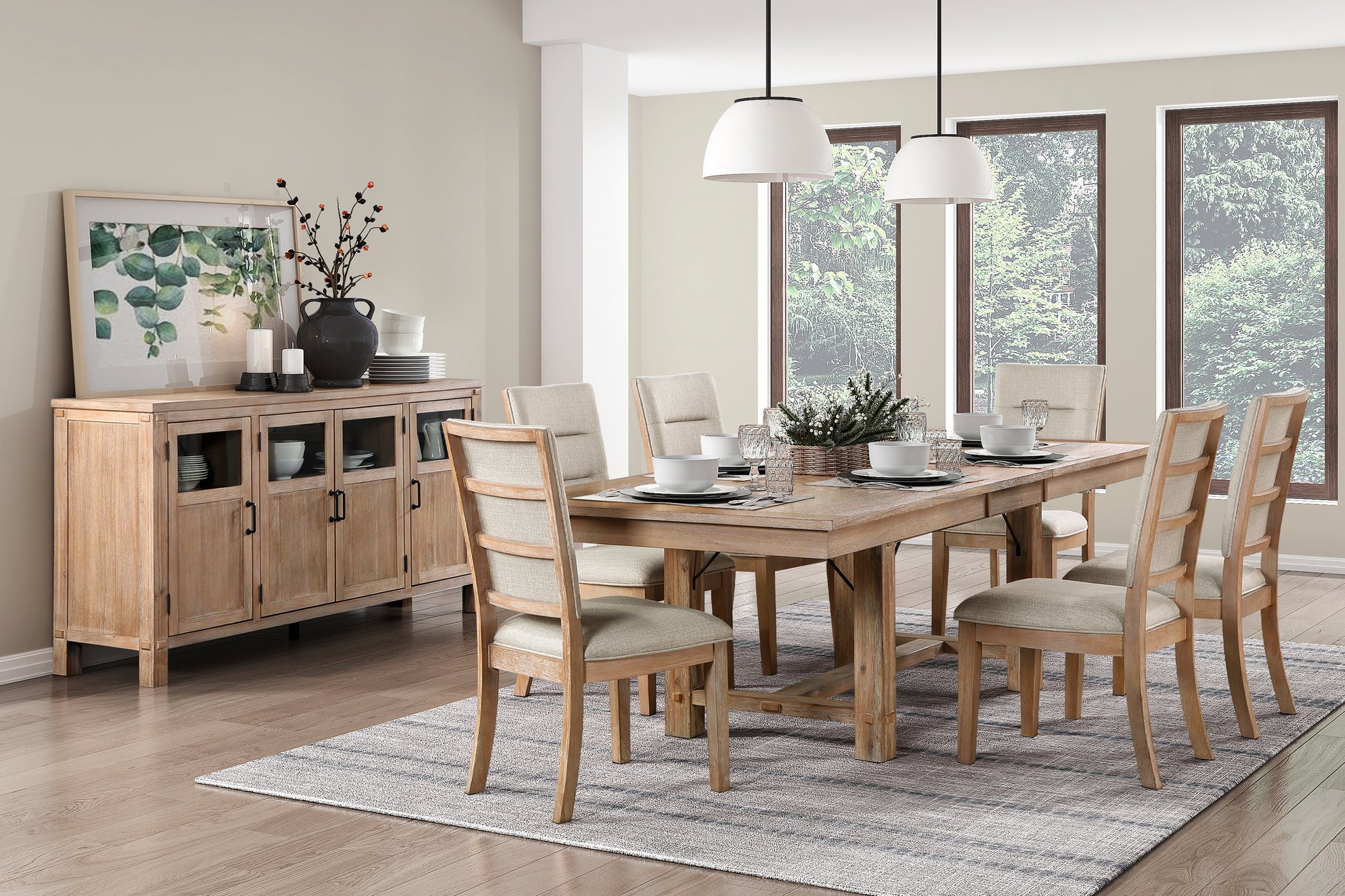 Rustic oak dining table set with upholstered chairs and accent cabinet