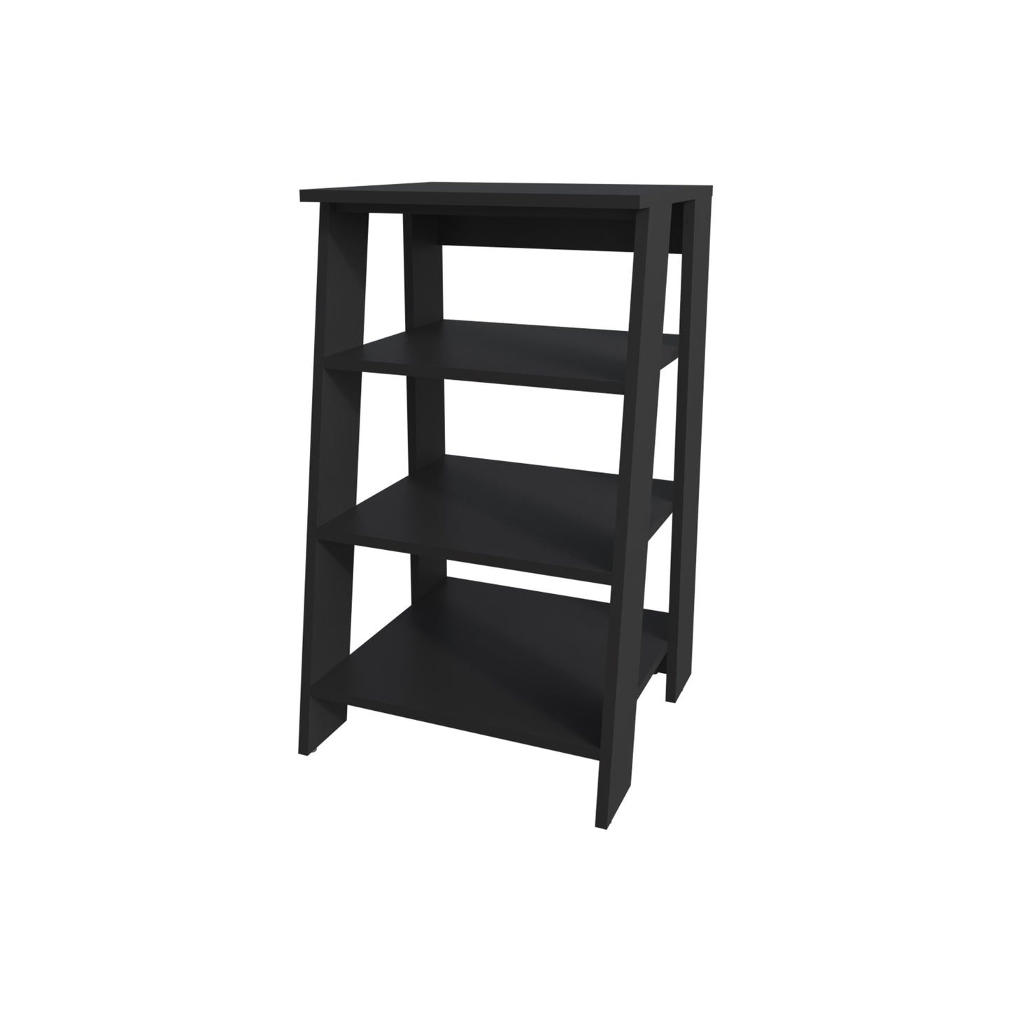 Black fourtier open shelving unit with a modern minimalist design