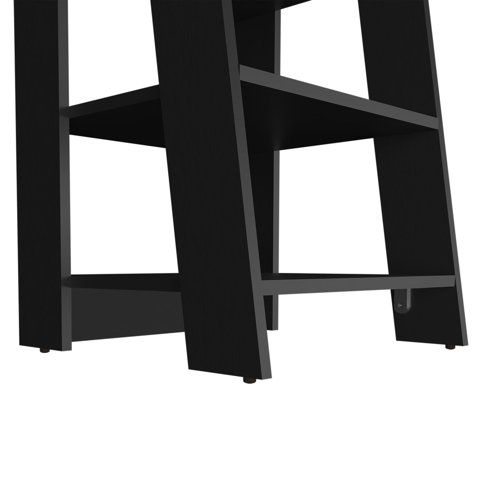 Black modern ladder bookshelf with angled supports and open shelves