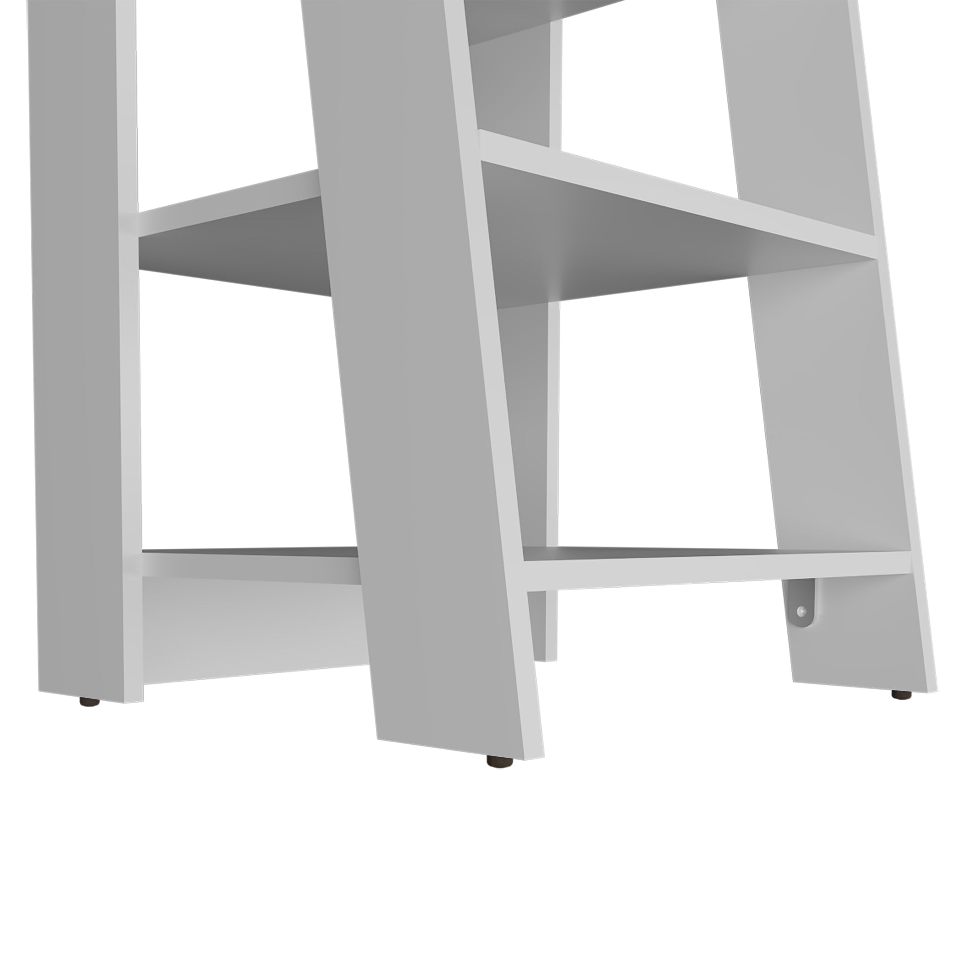 Closeup of the white modern ladder bookshelfs angled legs and bottom shelf