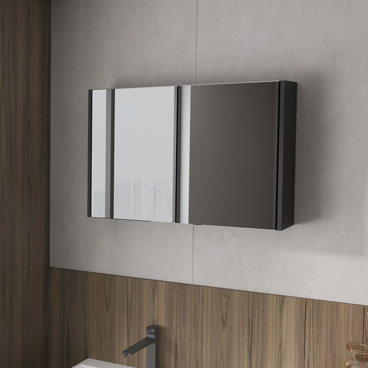Modern dualdoor bathroom medicine cabinet with sleek dark gray finish and mirrored front panels