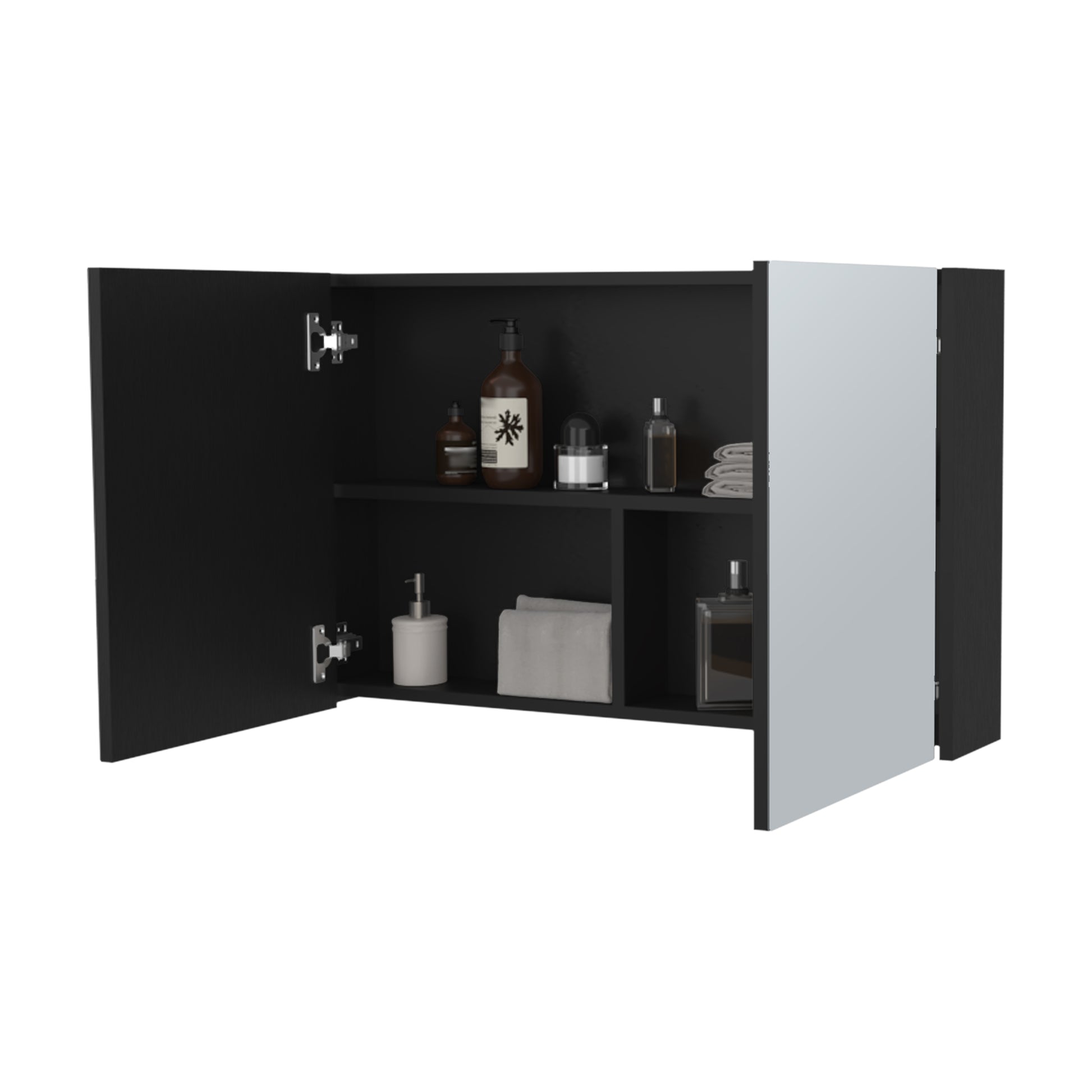 Black bathroom wall cabinet with open doors featuring mirrored interior panels and organized shelves