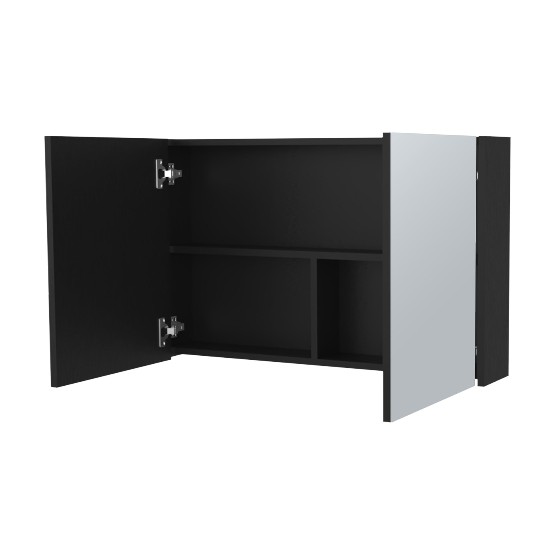 Modern black wall cabinet with open doors and internal shelving