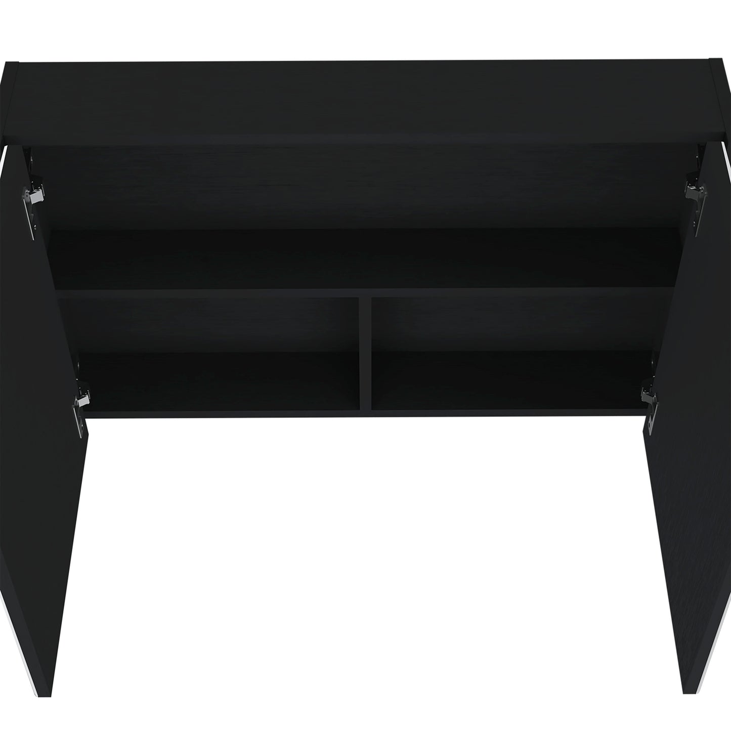 Modern black wallmounted cabinet with open doors and two shelves for storage