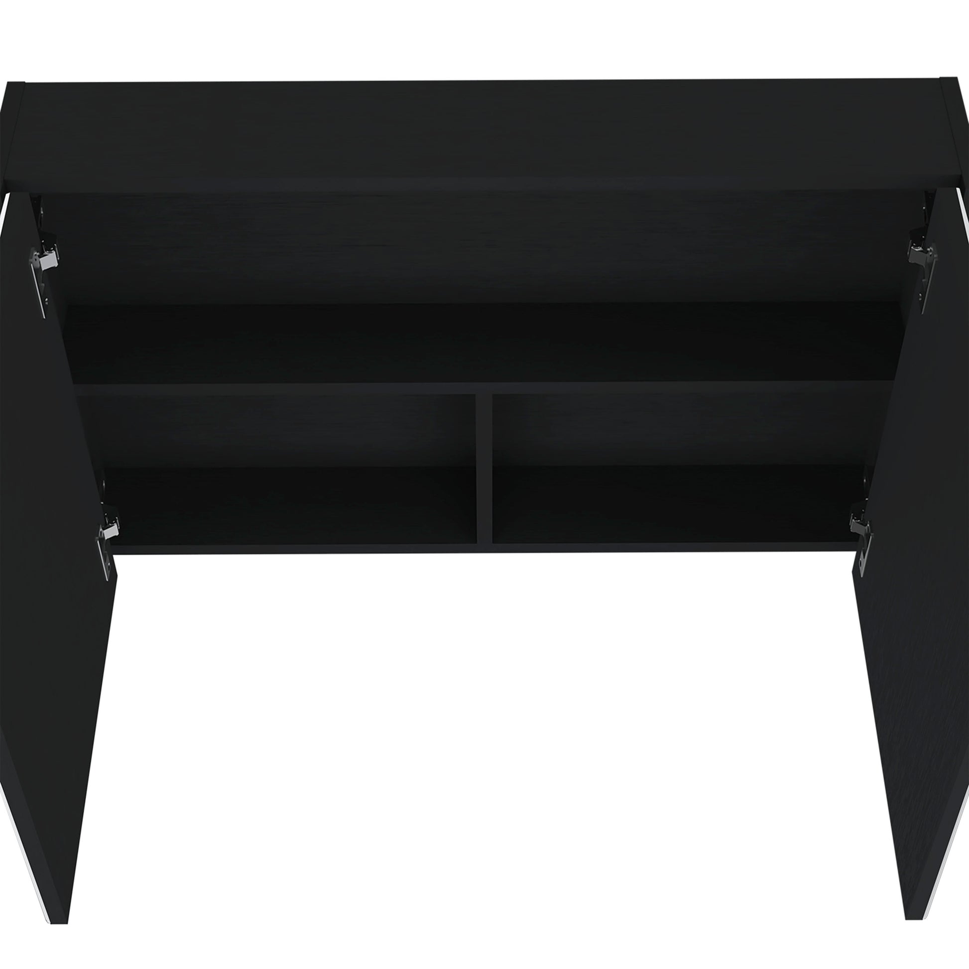 Modern black wallmounted cabinet with open doors and two shelves for storage
