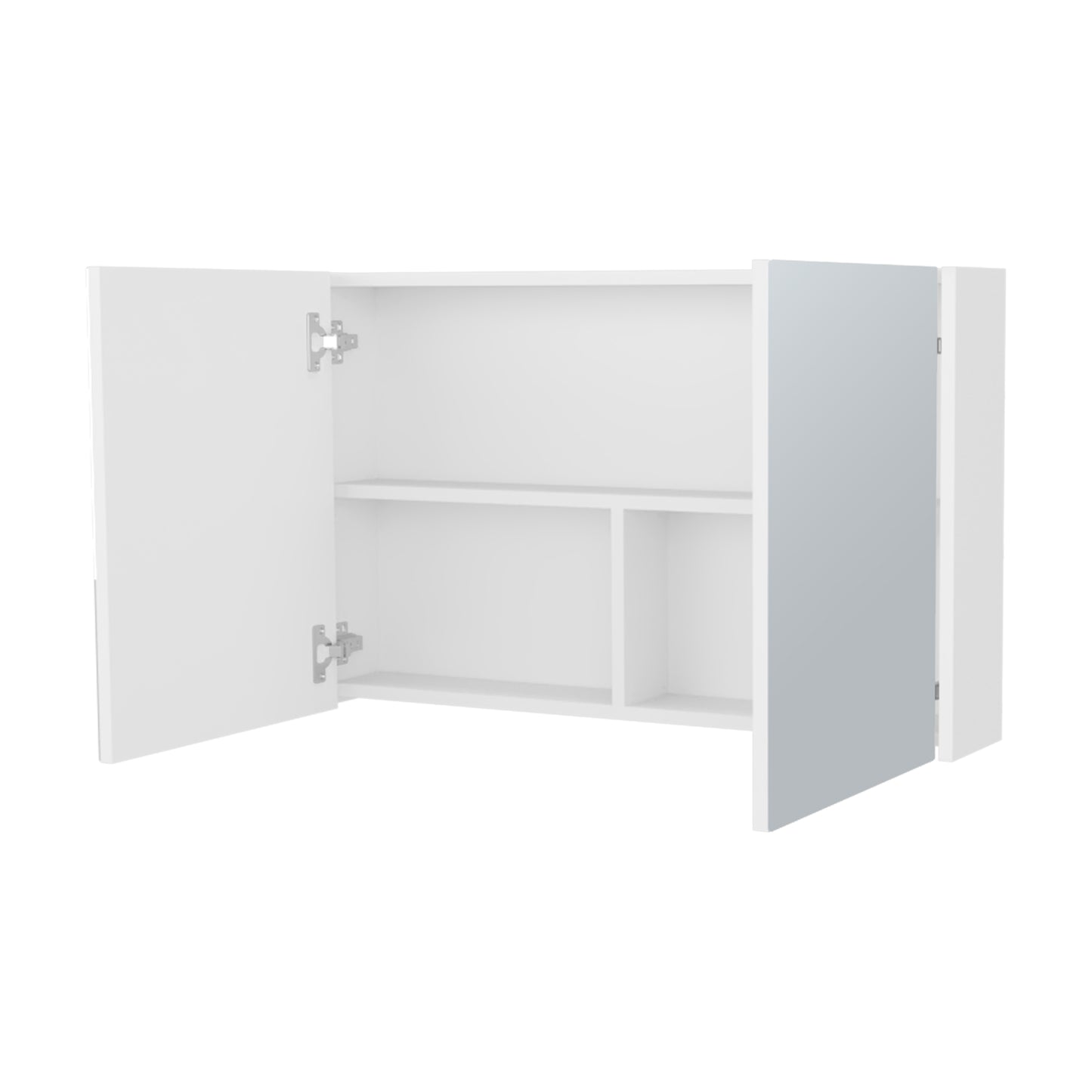 Modern white wall cabinet with open doors revealing two interior shelves and a mirrored door panel