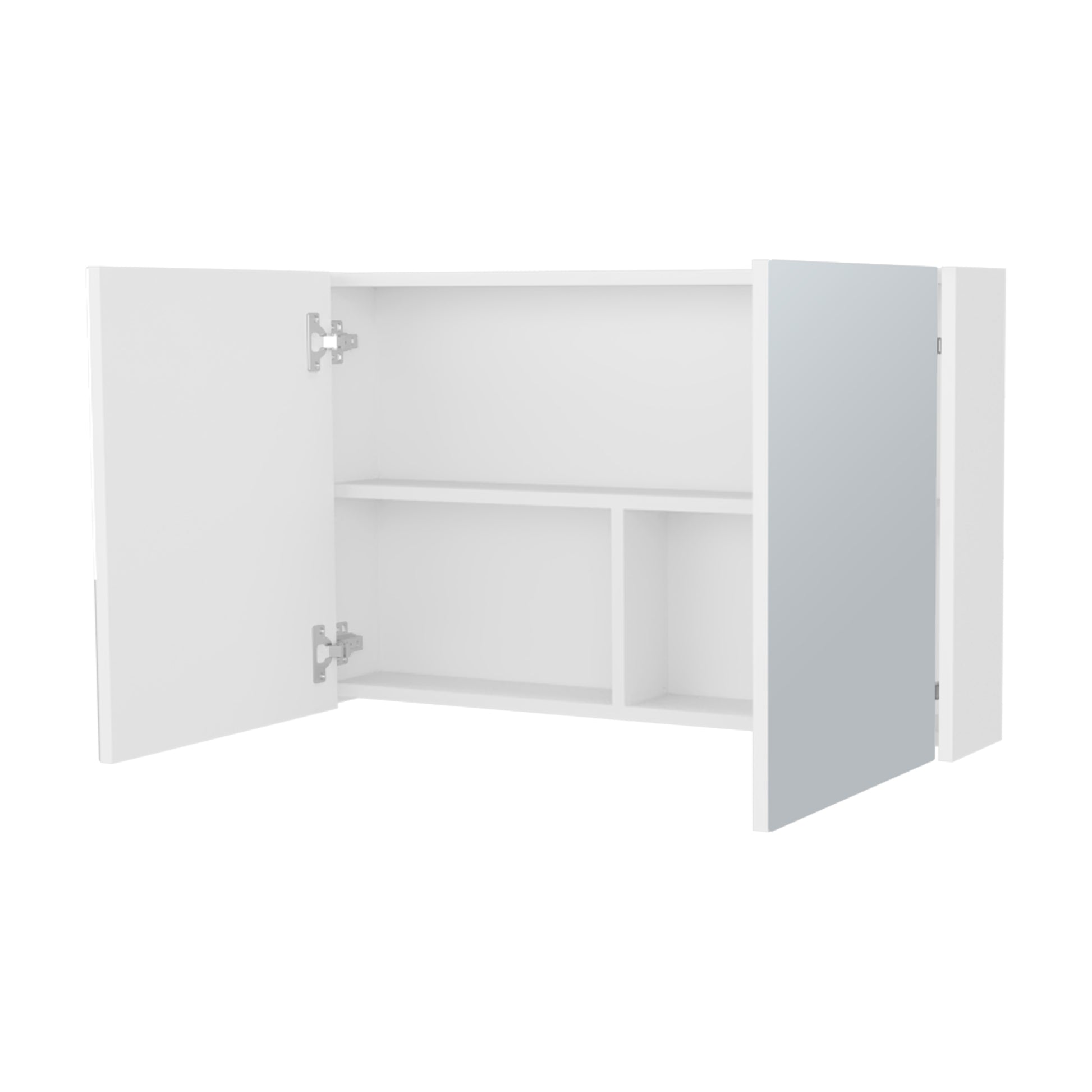 Modern white wall cabinet with open doors revealing two interior shelves and a mirrored door panel