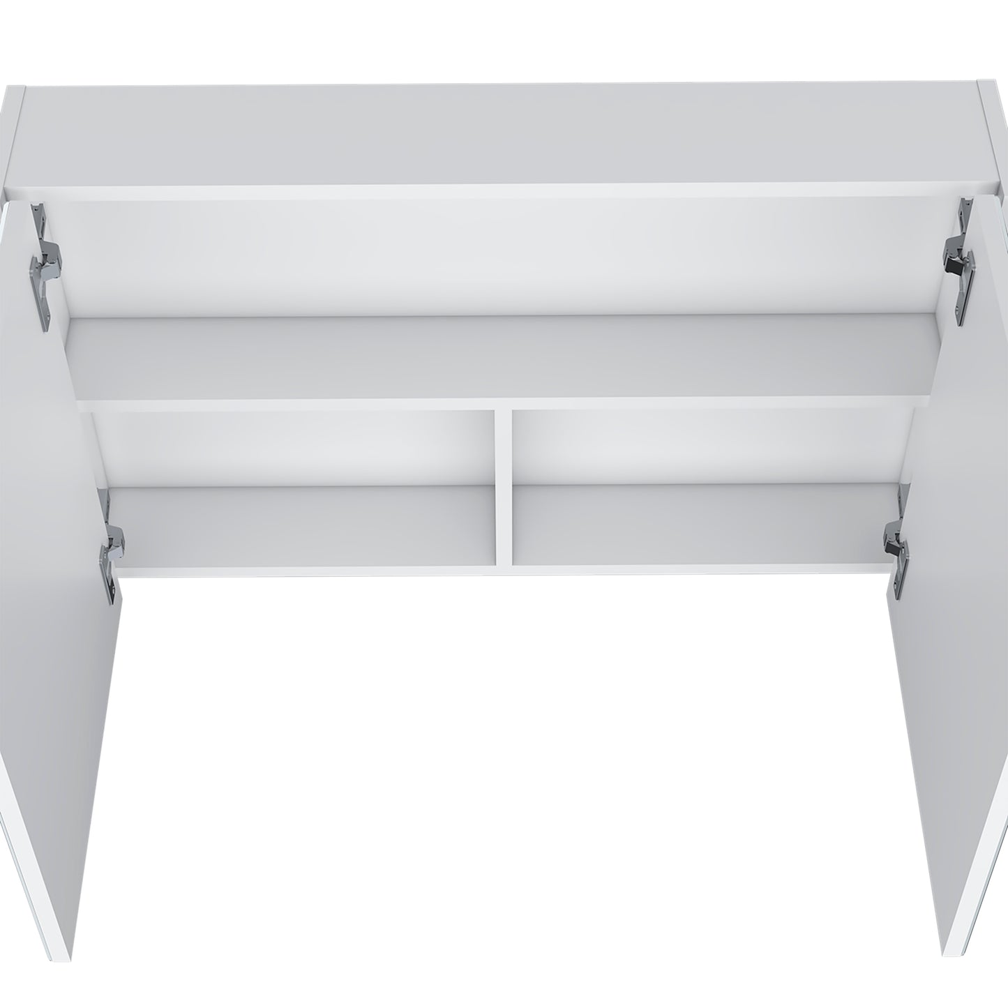 Interior view of a modern white cabinet with two adjustable shelves and doors open