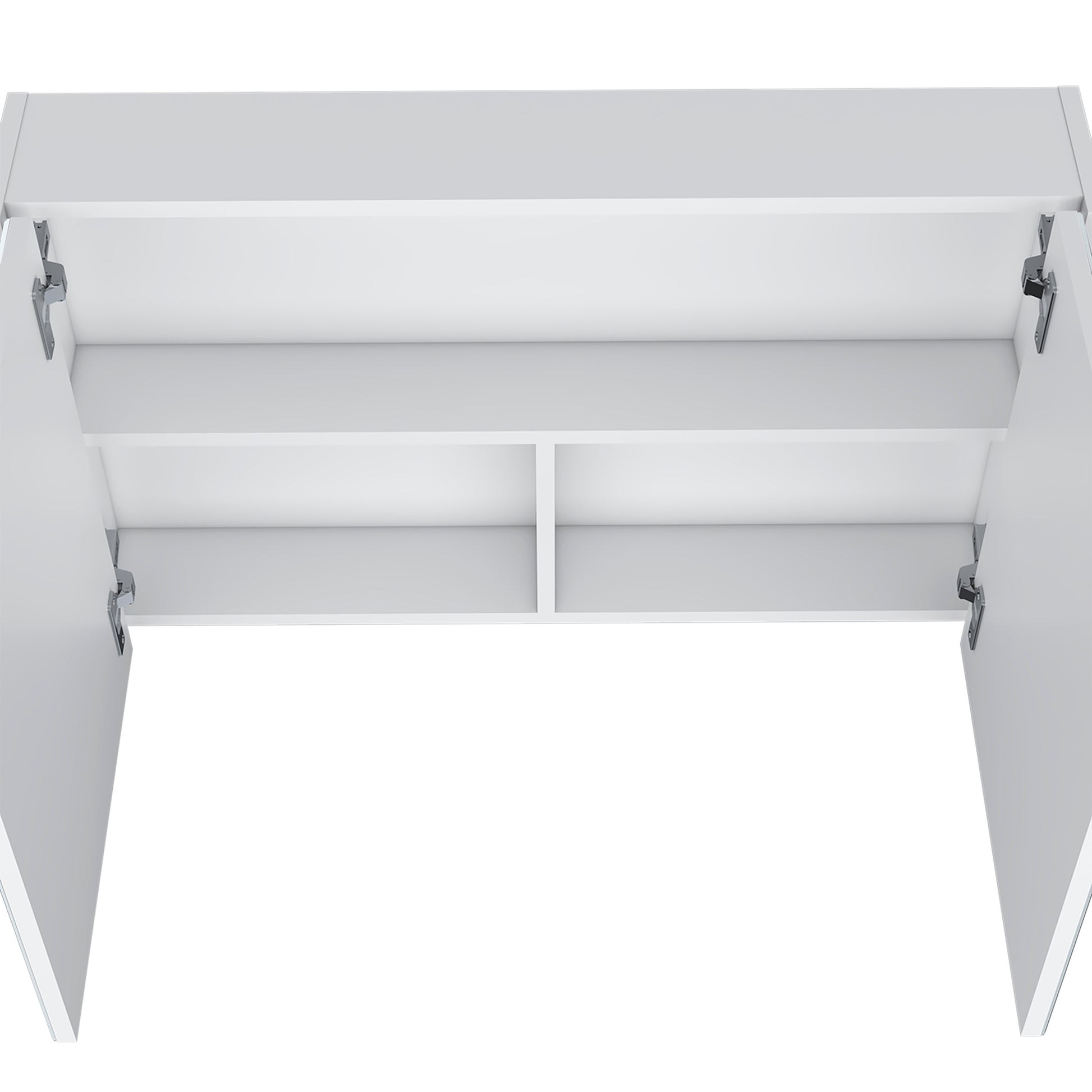 Interior view of a modern white cabinet with two adjustable shelves and doors open