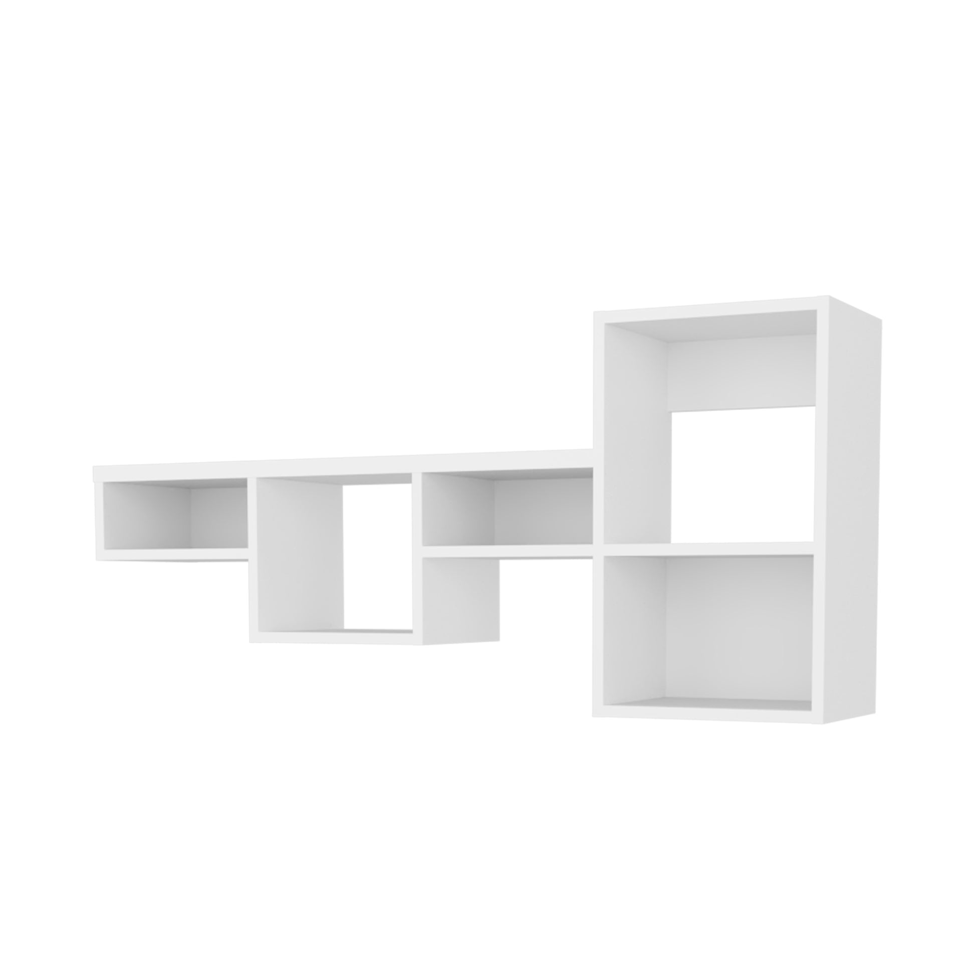 Modern white modular wall shelf unit with staggered cubbies for display