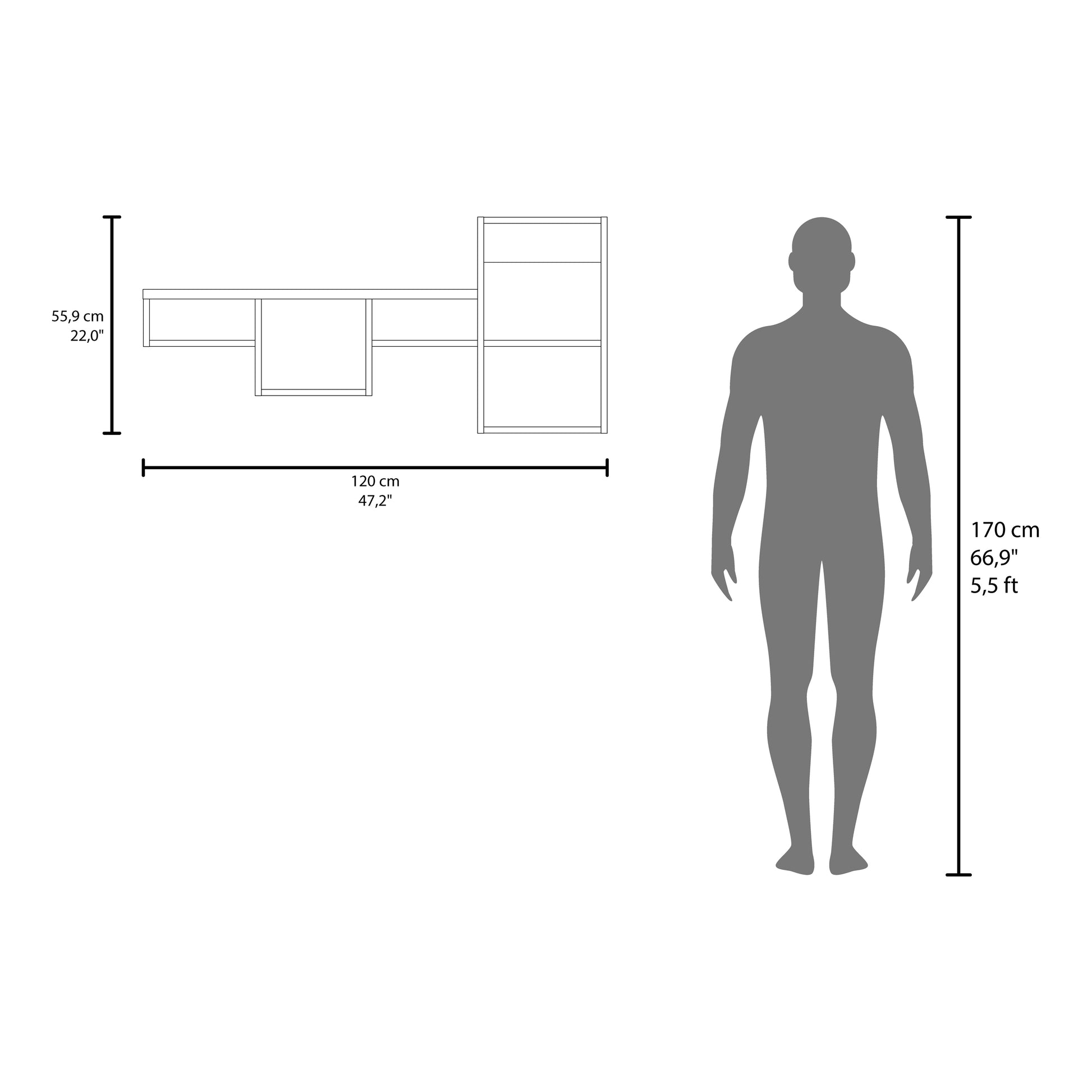 Minimalist wall shelf unit dimensions shown beside a cm figure for scale Shelf cm wide