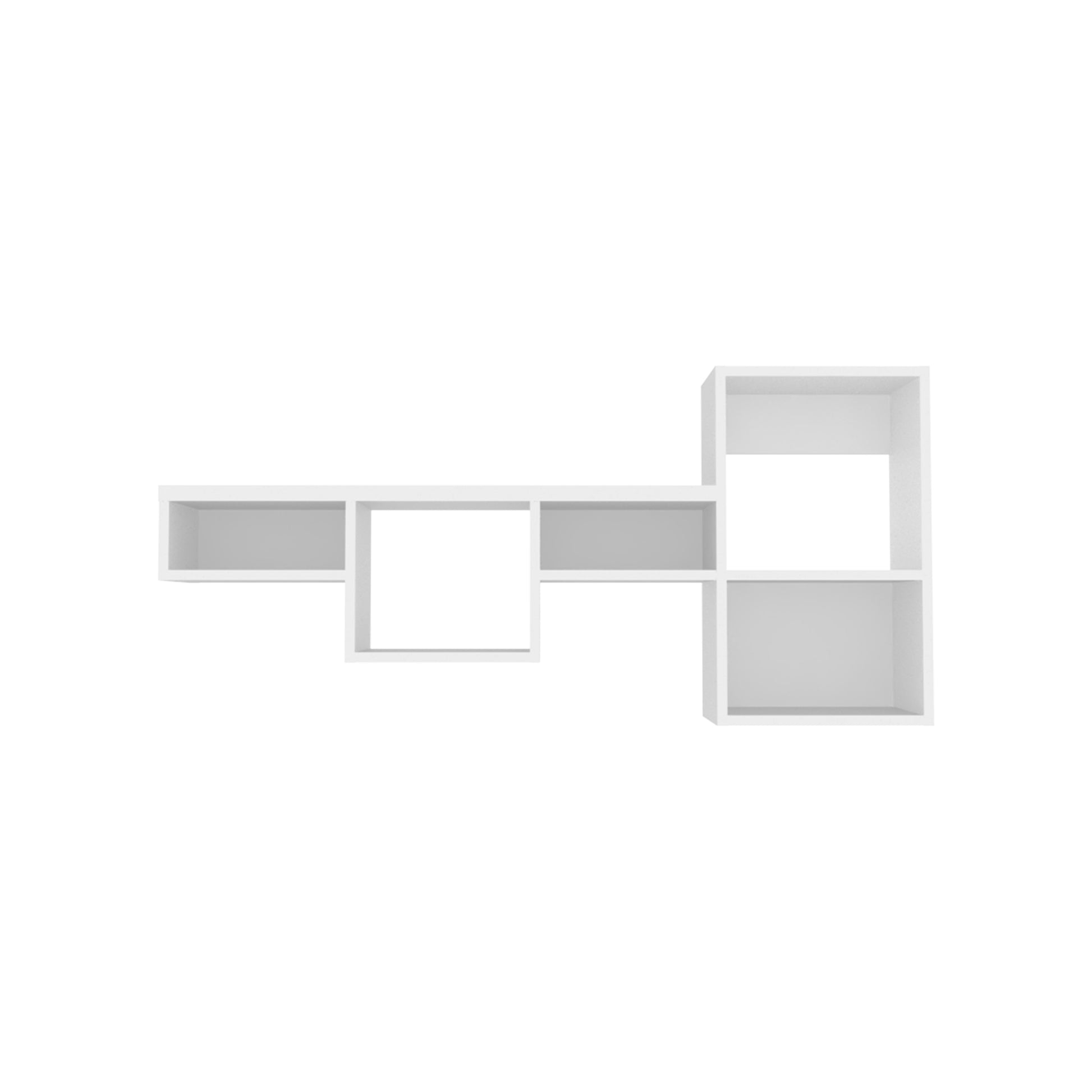 Modern white modular shelving unit with five asymmetrical open compartments