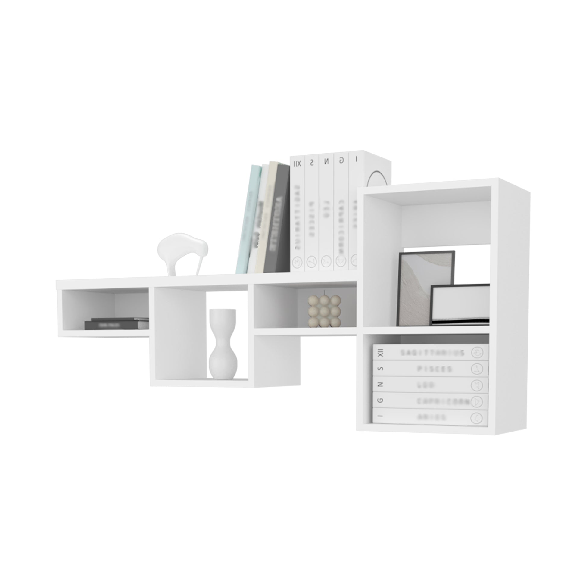 Modern white wall shelf with asymmetrical cubbies for stylish home organization