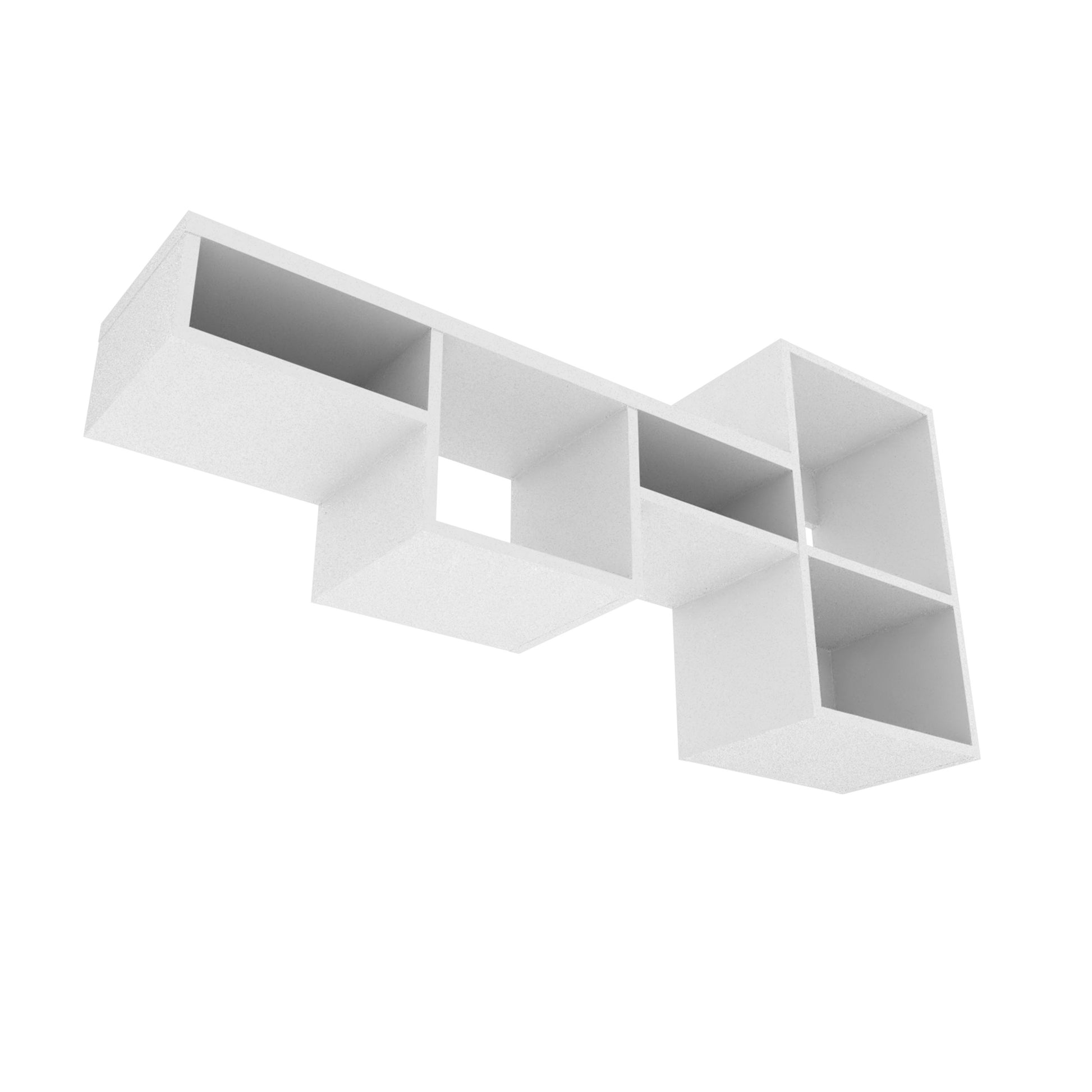 Modern white geometric wall shelf with staggered cubbies for display