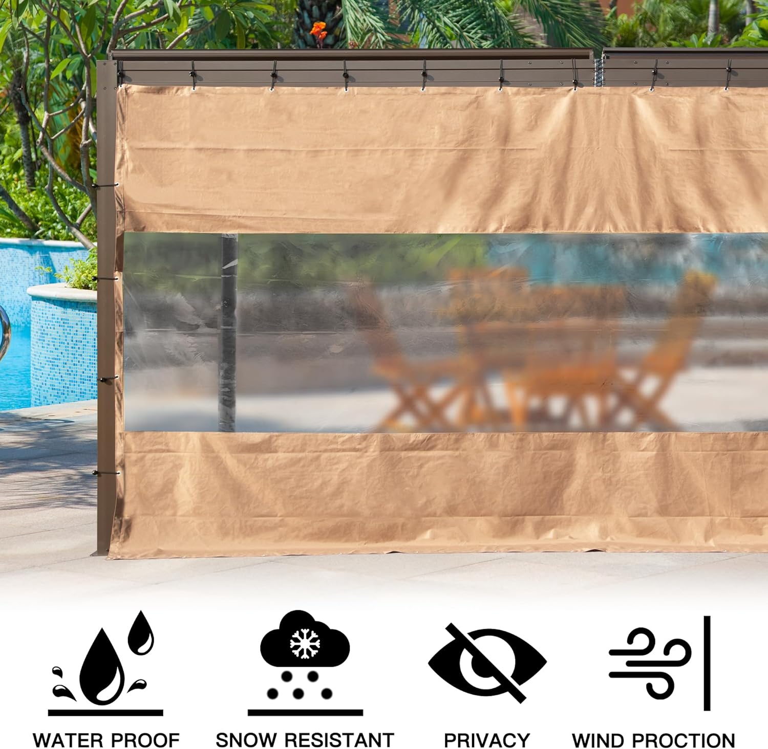 Tan outdoor privacy screen with clear window section protecting patio furniture